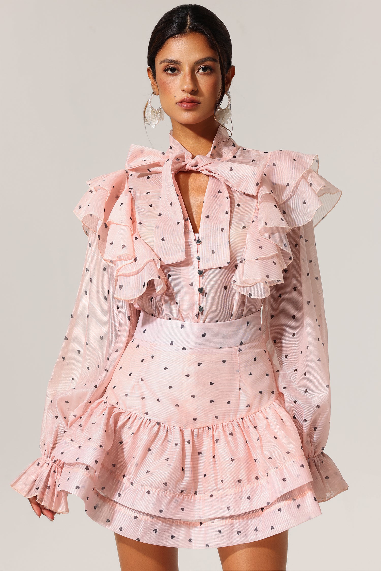Sahara Rufflede Dot Printed Bowknot Top And Skirt Two-Piece Set