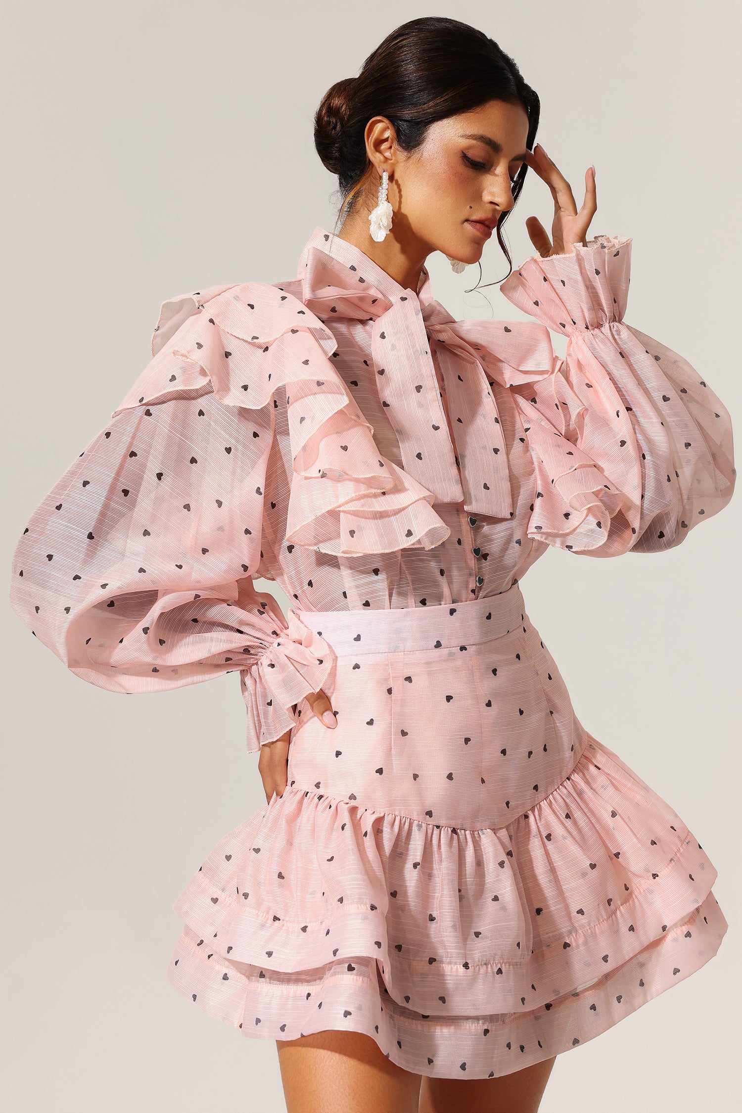 Sahara Rufflede Dot Printed Bowknot Top And Skirt Two-Piece Set