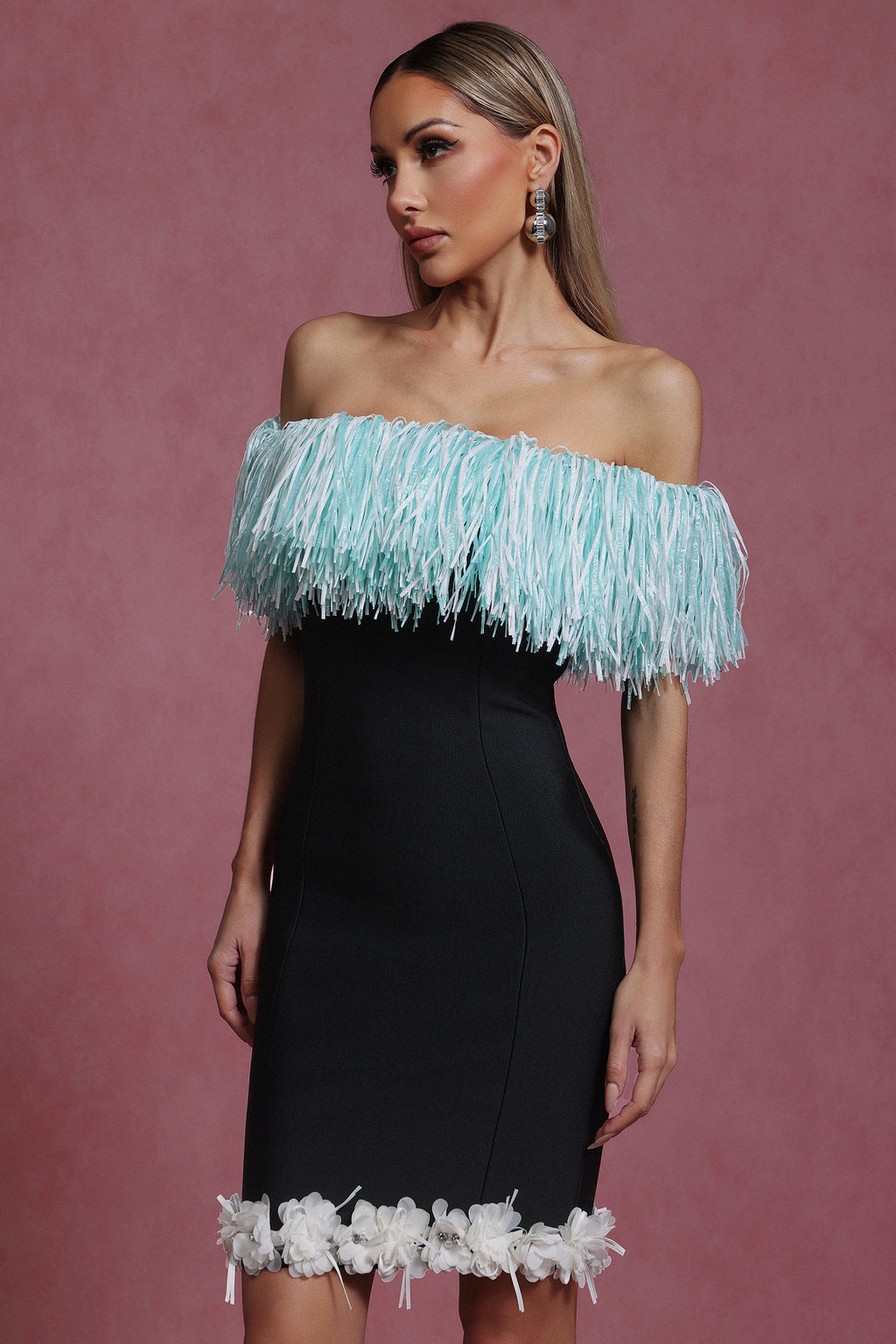 Lucy Off-The-Shoulder Tassel Flowers Bandage Mini Dress