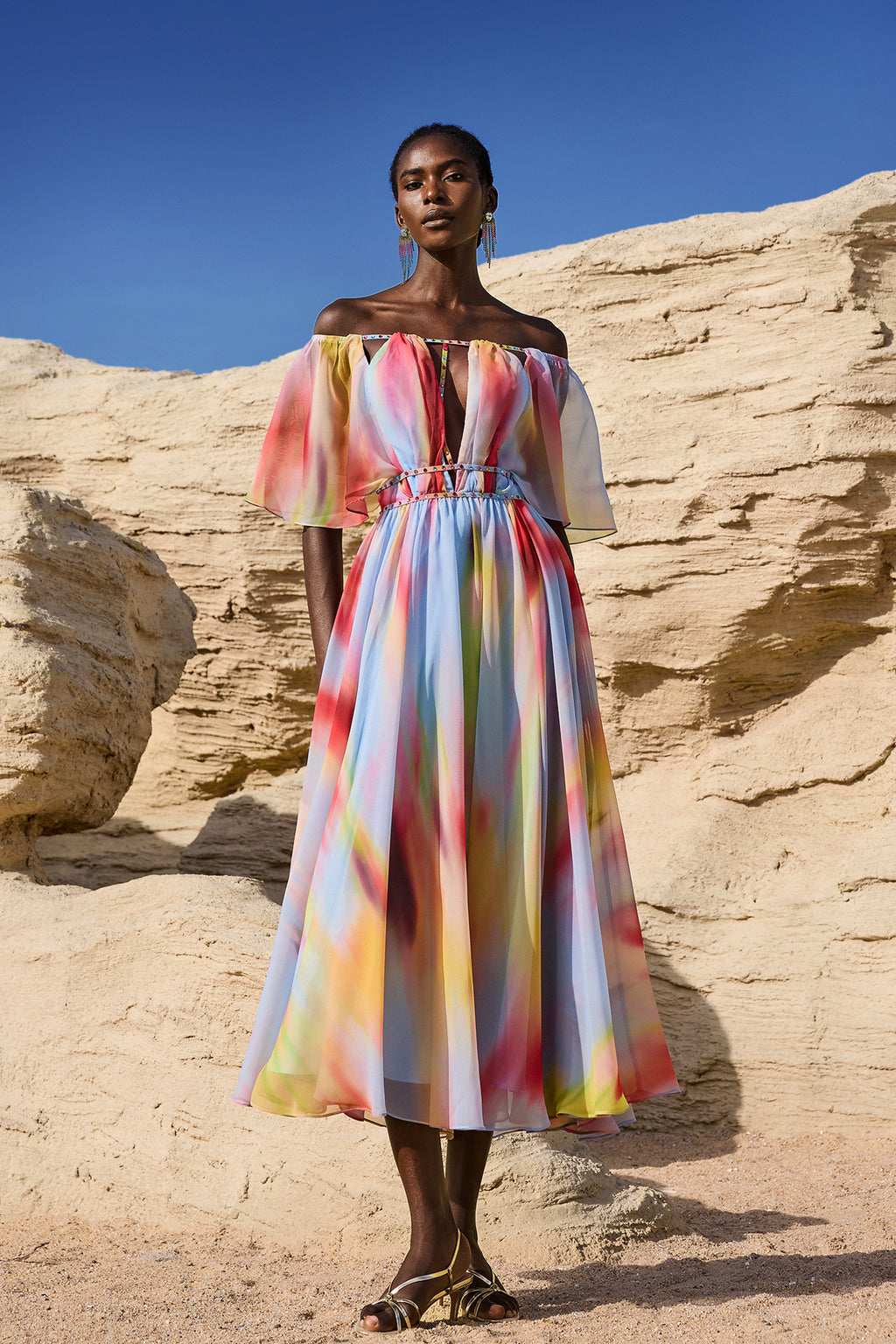 Zaysha Off-The-Shoulder Hollow Out Printing Midi Dress