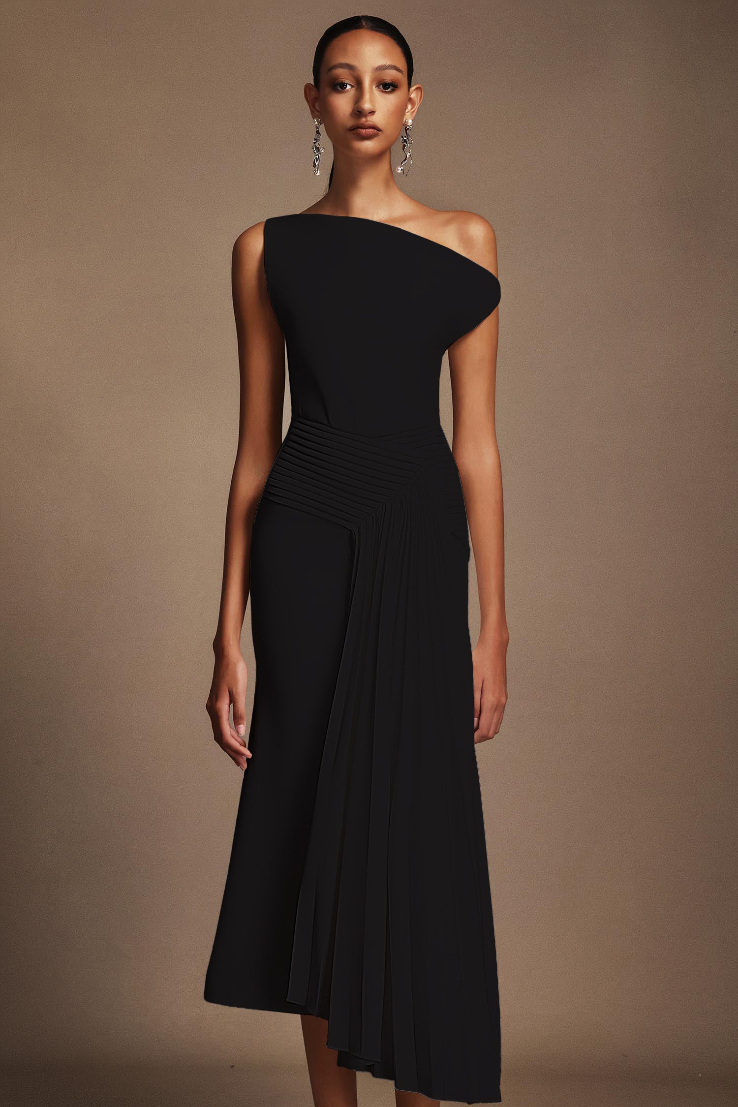 Juny Oblique Shoulder Sleeveless Folds Midi Dress
