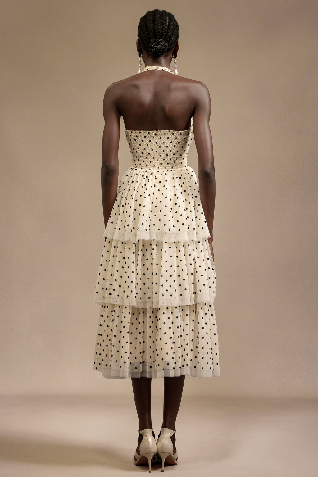 Julieta Sleeveless Dot Printed Layered Folds Midi Dress