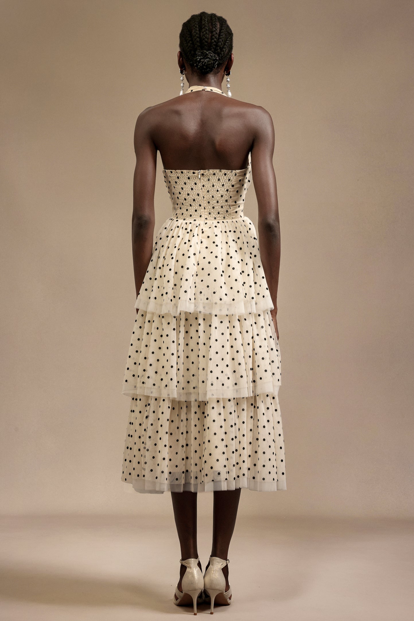 Julieta Sleeveless Dot Printed Layered Folds Midi Dress