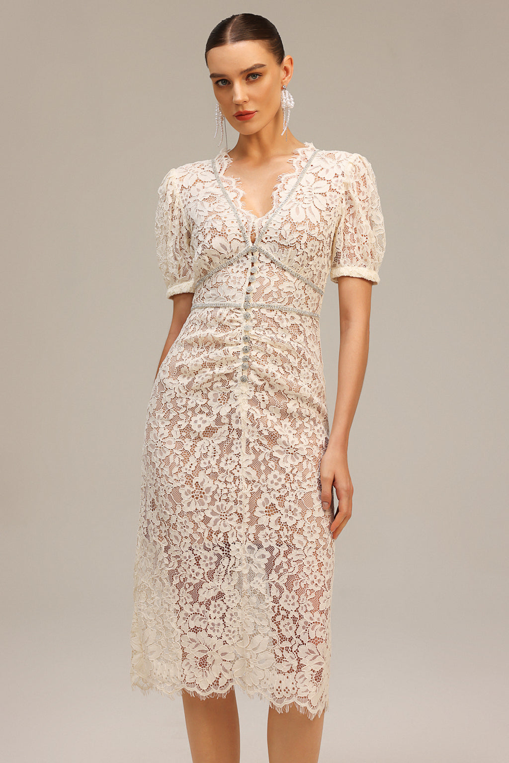 Modan V-Neck Short Sleeve Lace Maxi Dress