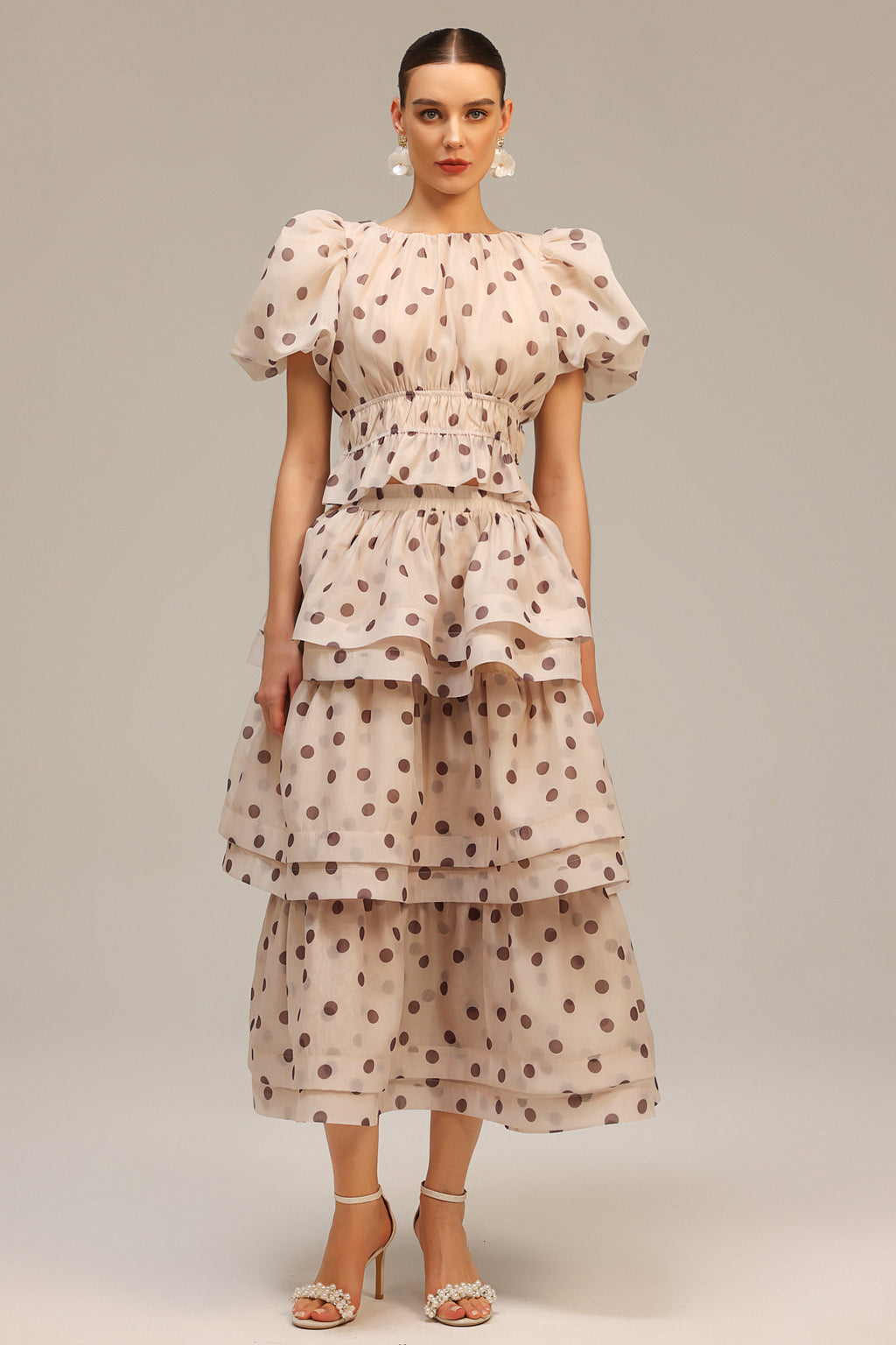 Willa Puff Sleeves Dot Printed Top And Skirt Two-Piece Set