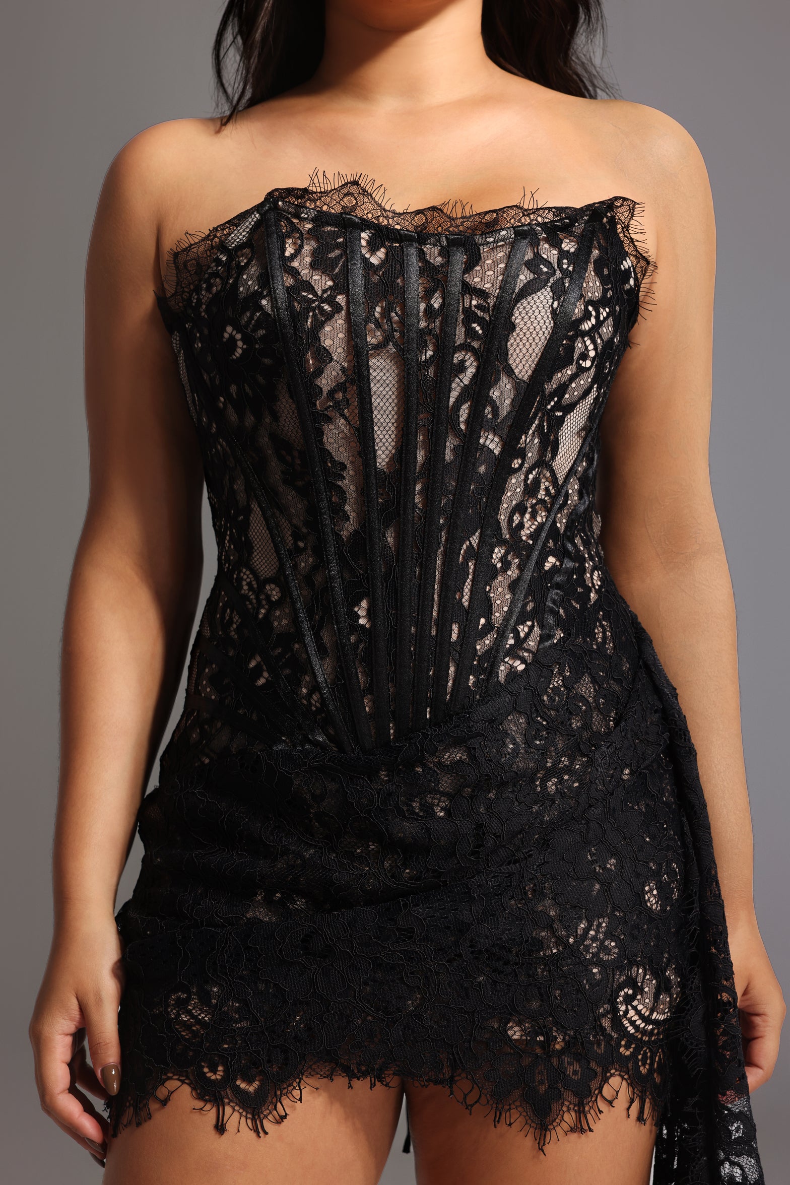 Rosel Asymmetric Lace Mini Dress