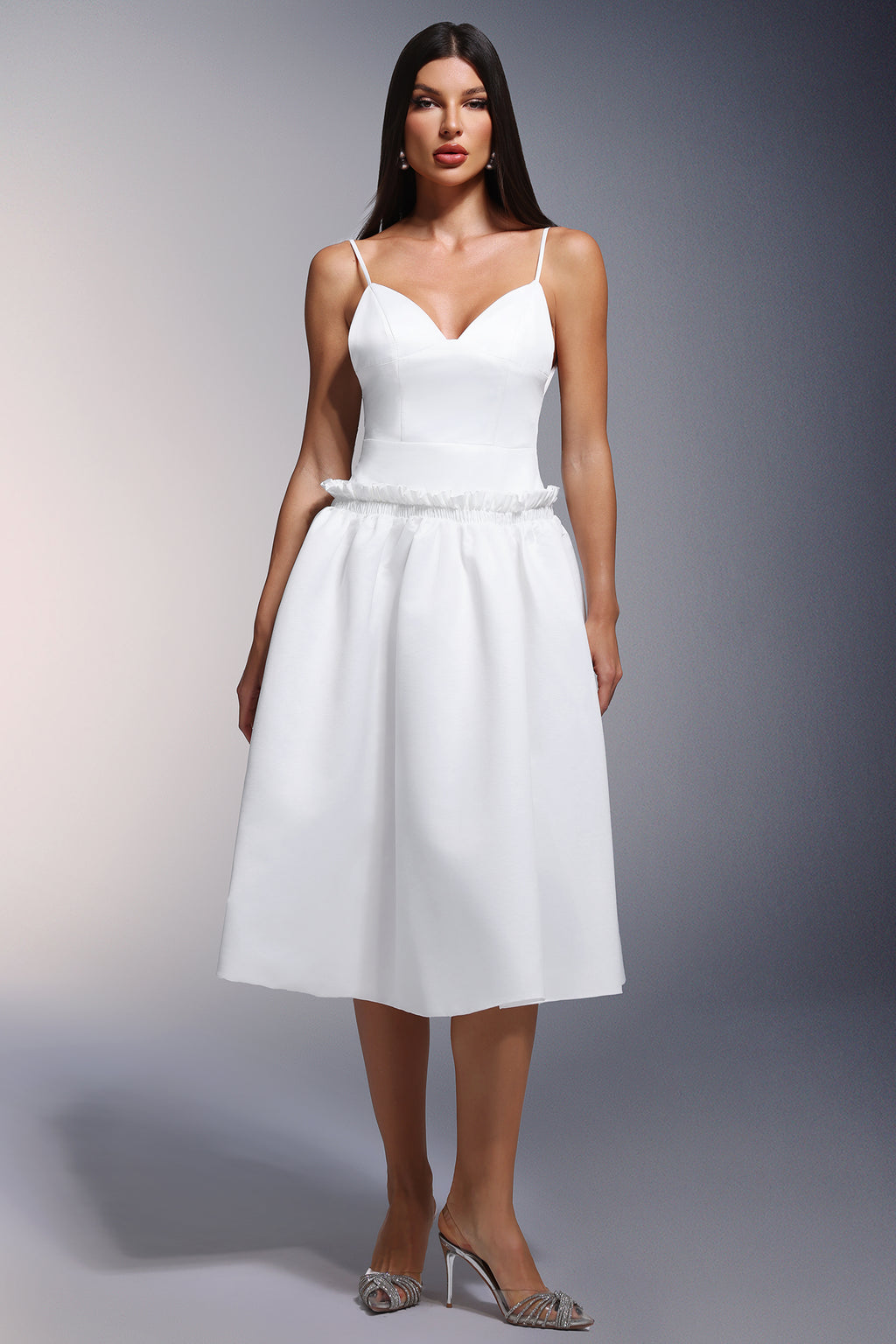 Tutti Deep-V Fold Falbala Midi Dress
