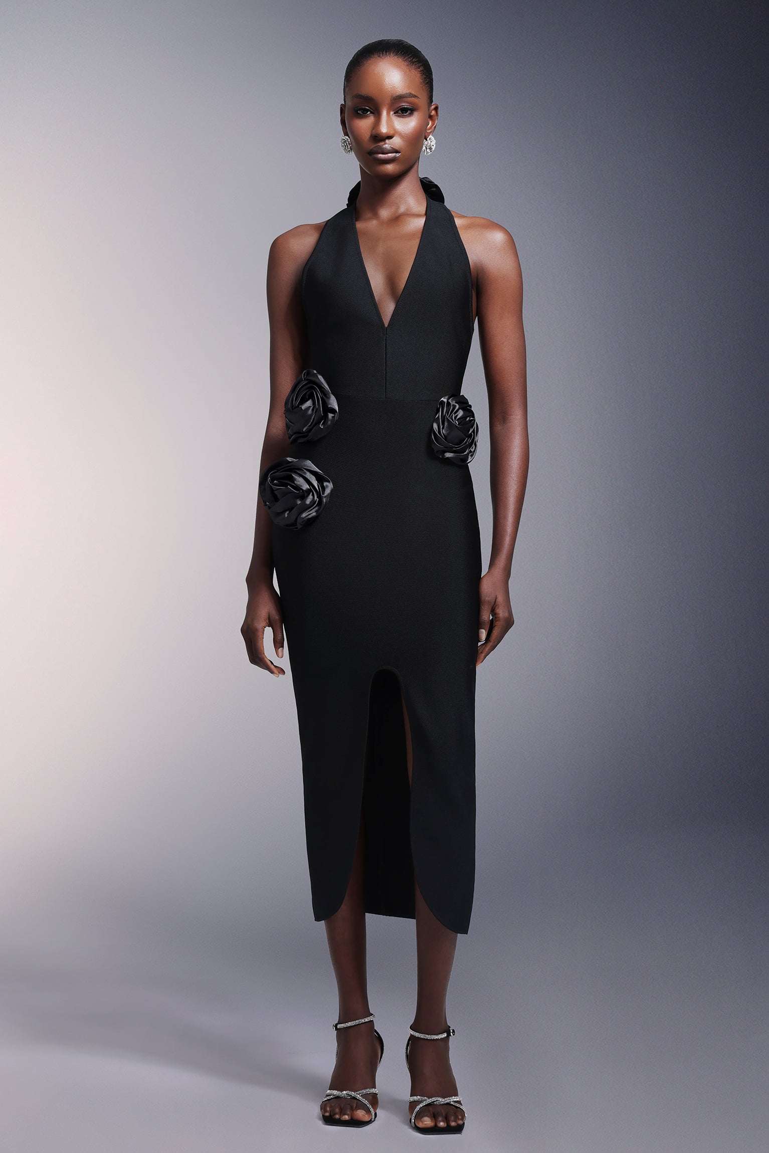 Sahara Flowers High Slit Deep-V Bandage Midi Dress