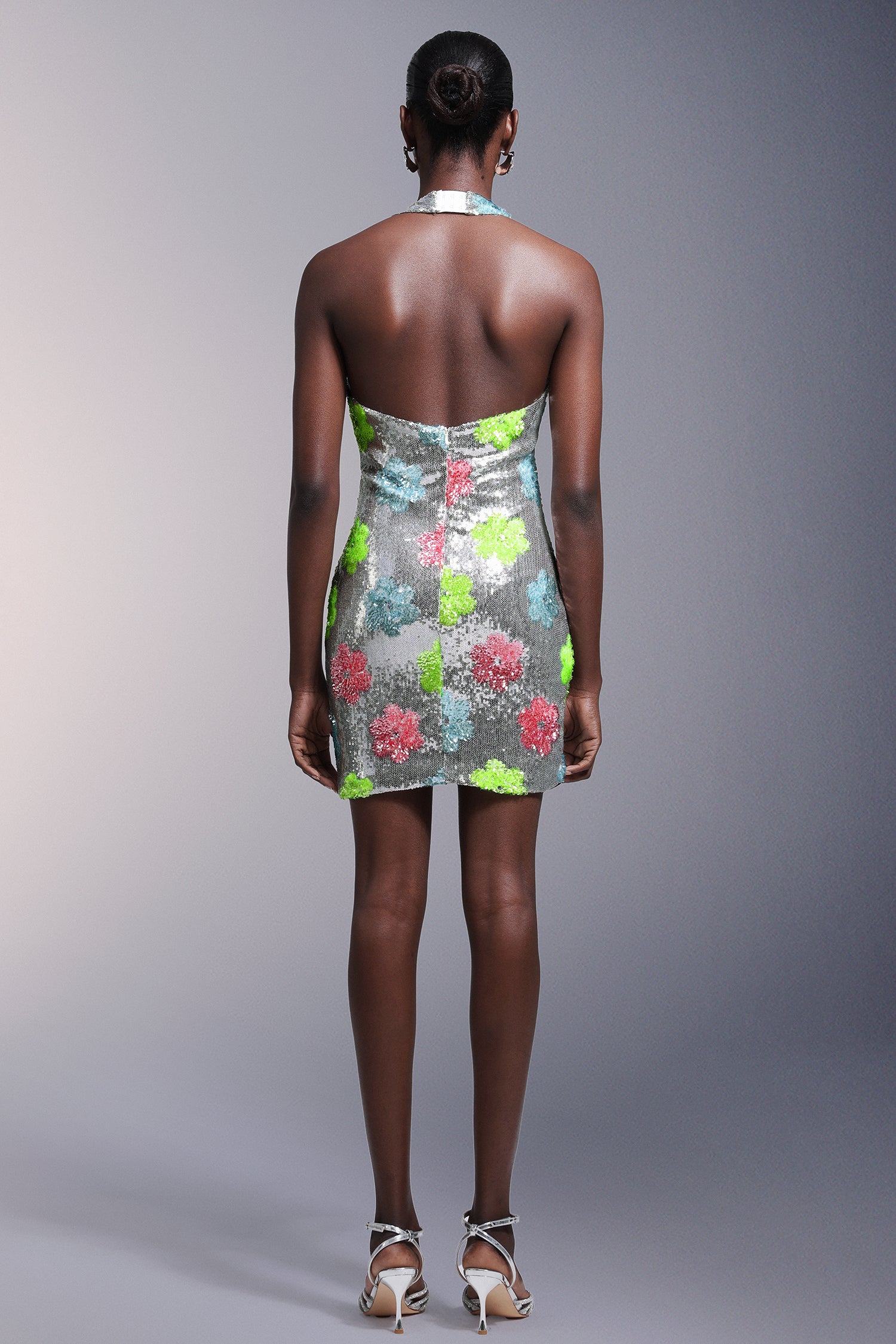 Kezia Flowers Backless Halter Sequins Mini Dress