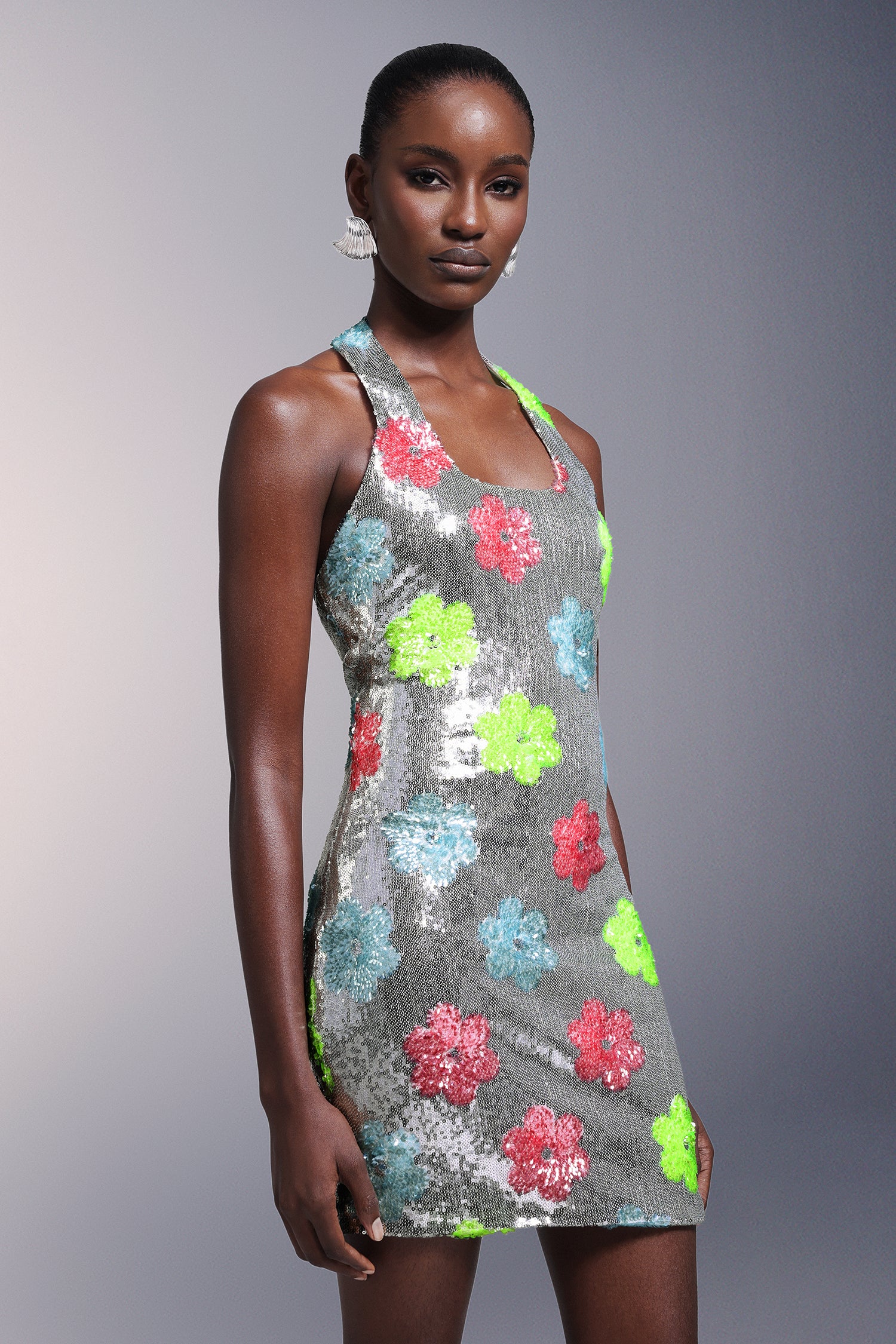 Kezia Flowers Backless Halter Sequins Mini Dress