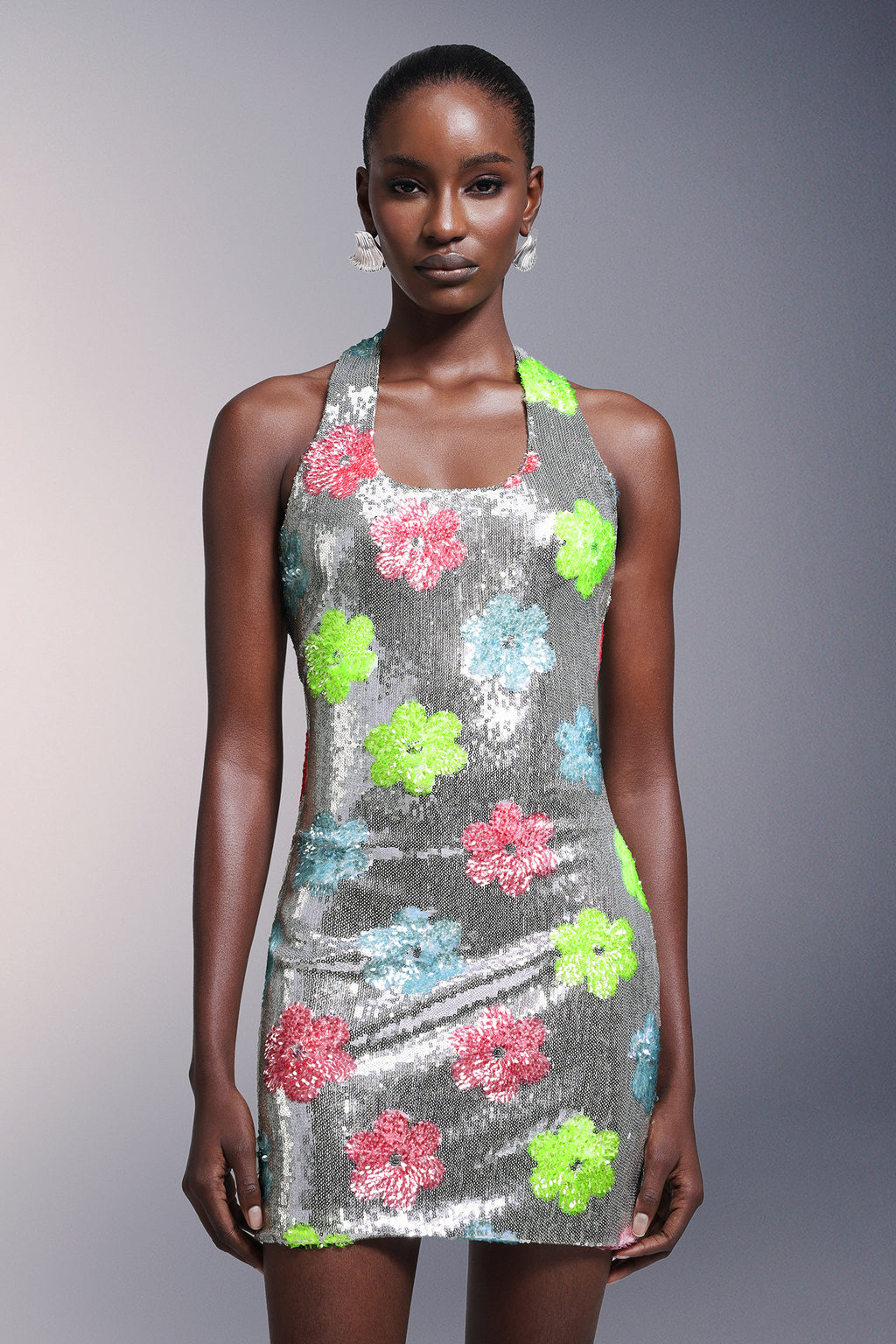 Kezia Flowers Backless Halter Sequins Mini Dress