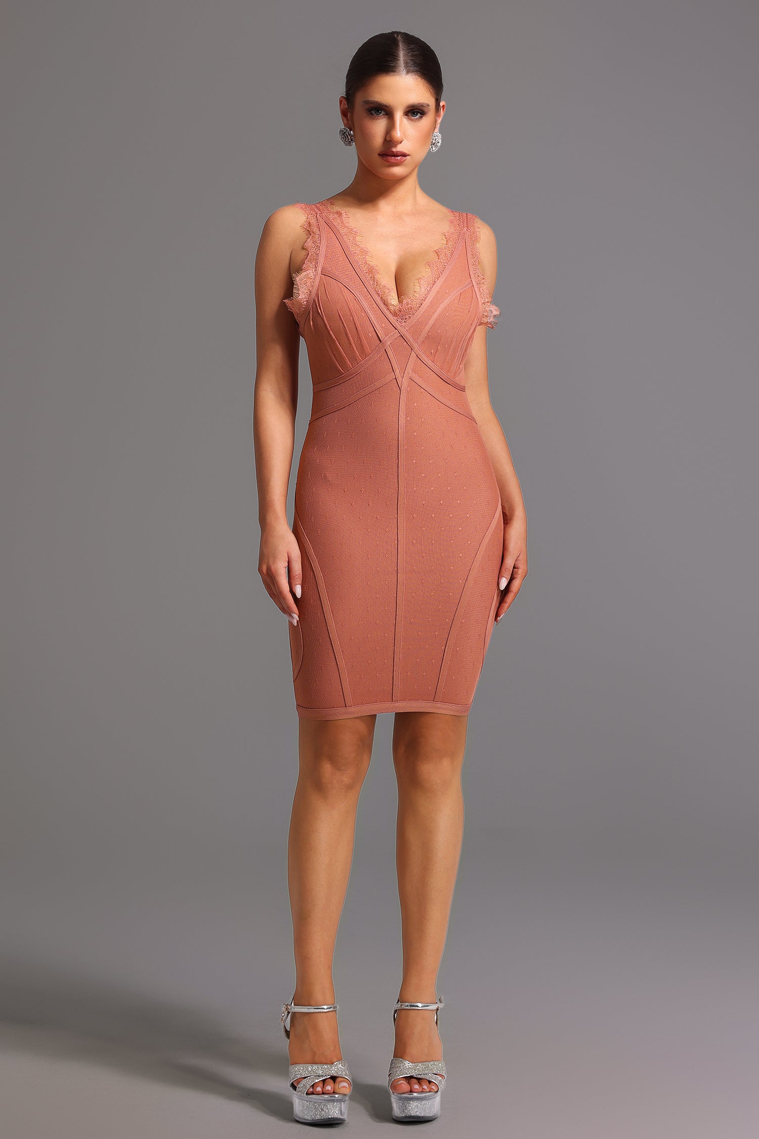 Lionce Bandage Sleeveless V Neck Lace Mini Dress