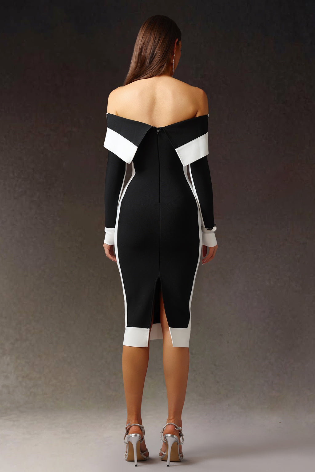 Mattey Off-The-Shoulder Long Sleeves Stripes Bandage Midi Dress