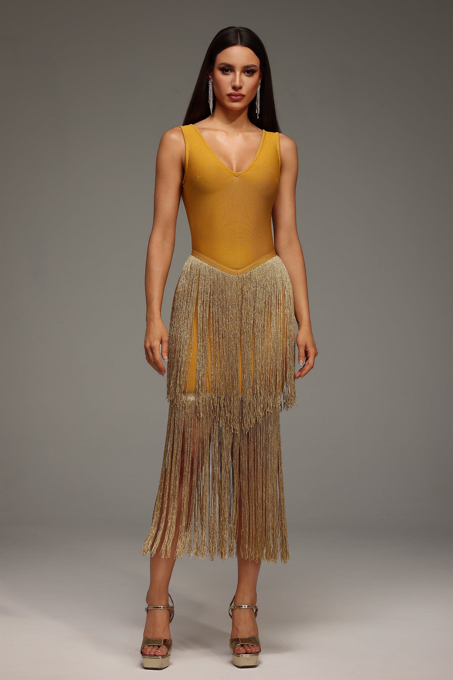 Lyall Sleeveless V-Neck Tassels Bandage Midi Dress