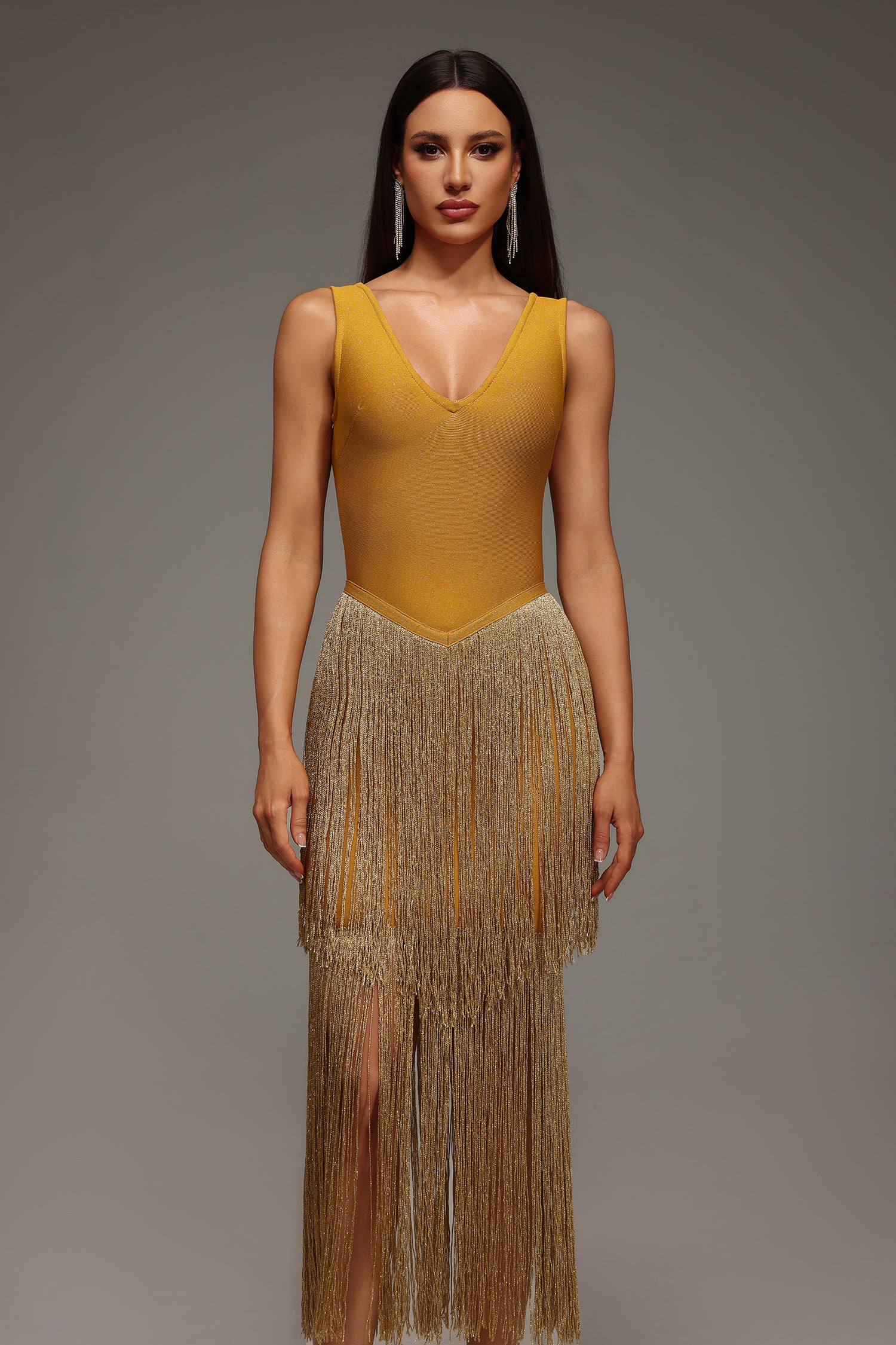Lyall Sleeveless V-Neck Tassels Bandage Midi Dress