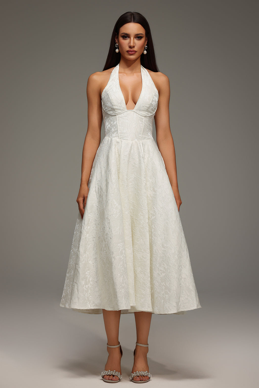 Rinaka Sleeveless Halter Jacquard W eaving Midi Dress