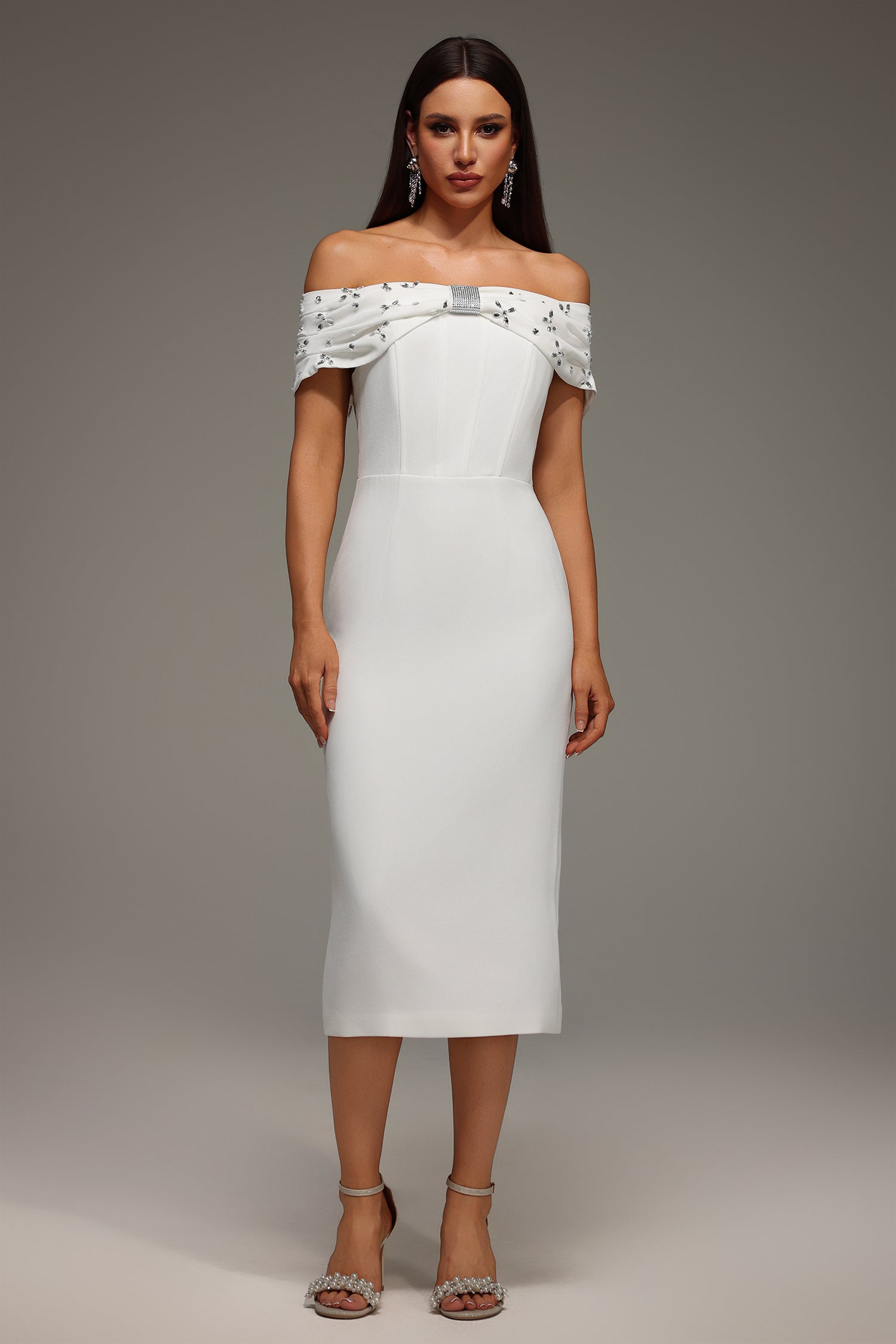 Rosie Sleeveless Off The Shoulder Diamond Bandage Midi Dress