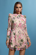 Tamarah Round Neck Long Sleeves Flowers Mini Dress