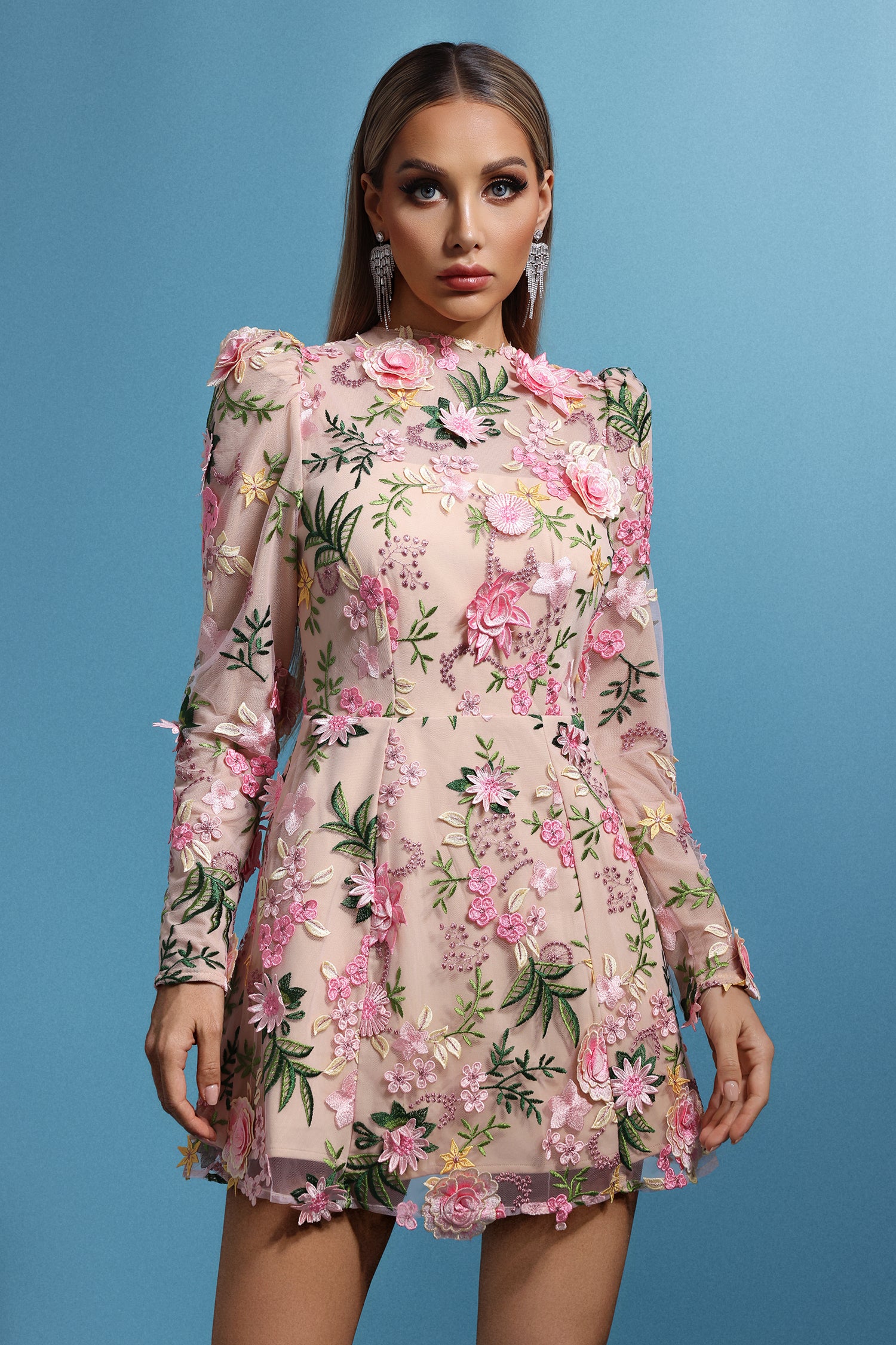 Tamarah Round Neck Long Sleeves Flowers Mini Dress