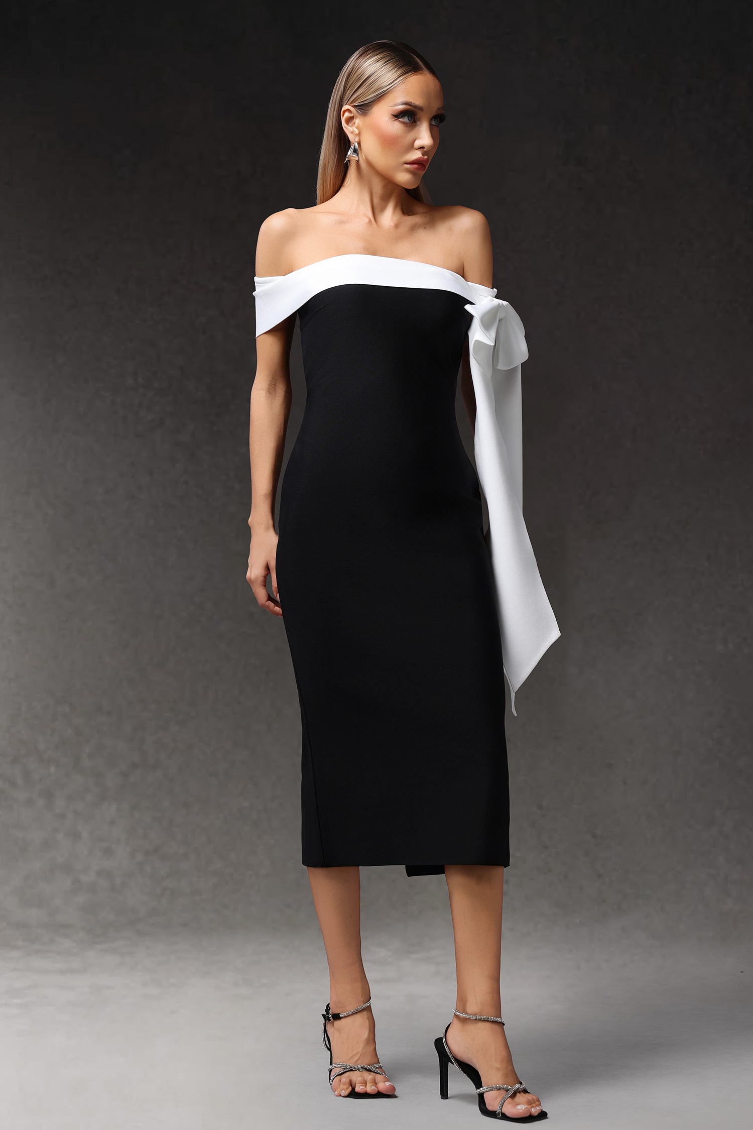Ophelia Sleeveless Off The Shoulder Bow Bandage Midi Dress