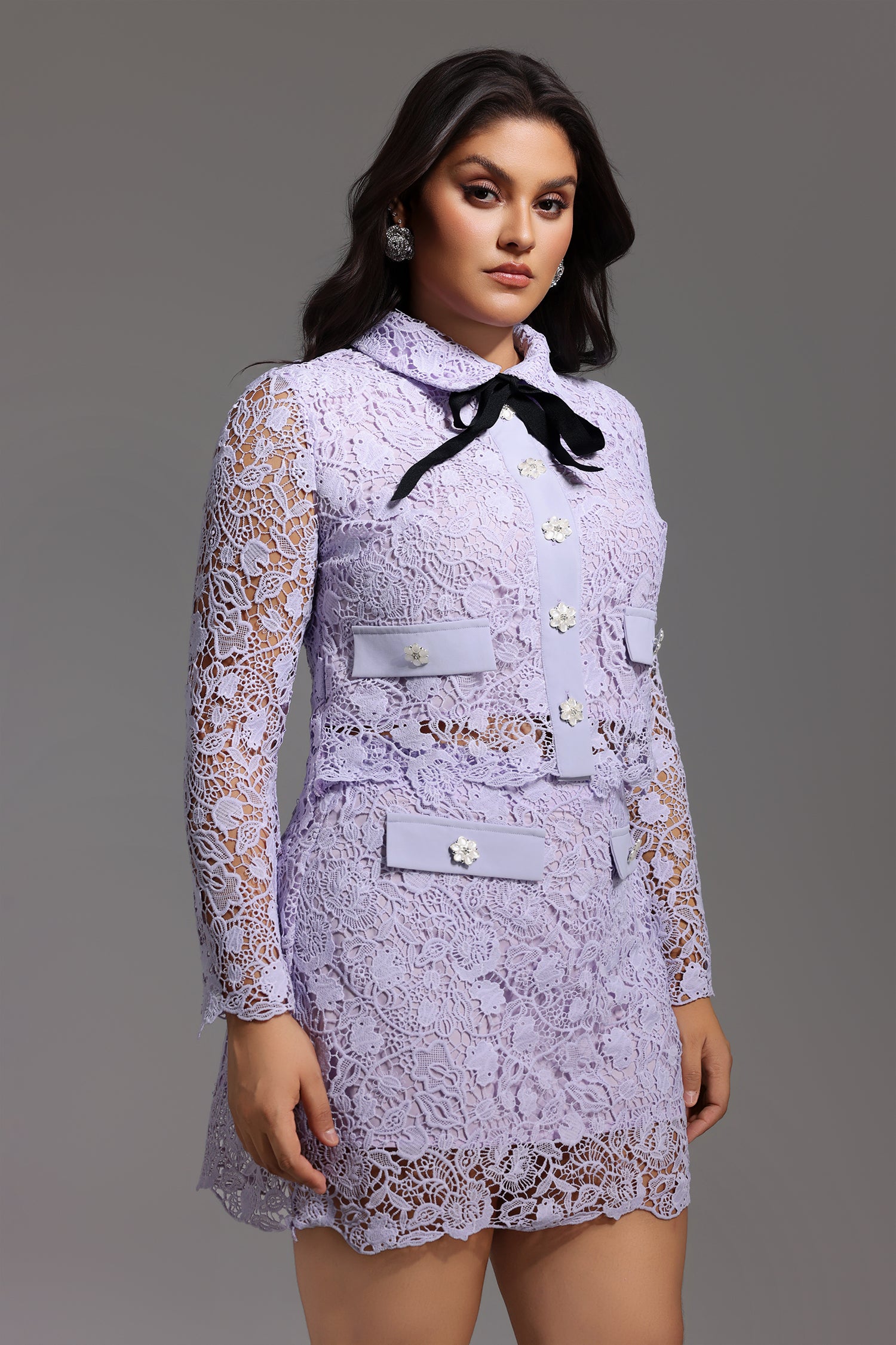 Estrela Long Sleeves Hollow Lace Two-Piece Set