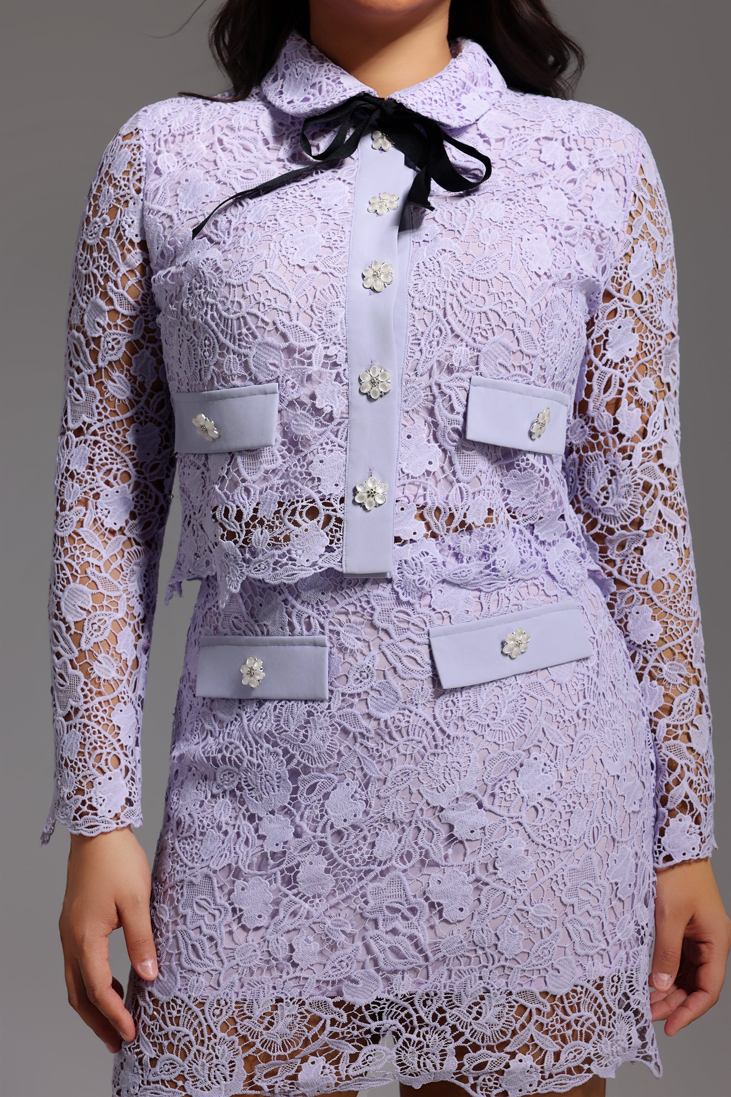 Estrela Long Sleeves Hollow Lace Two-Piece Set