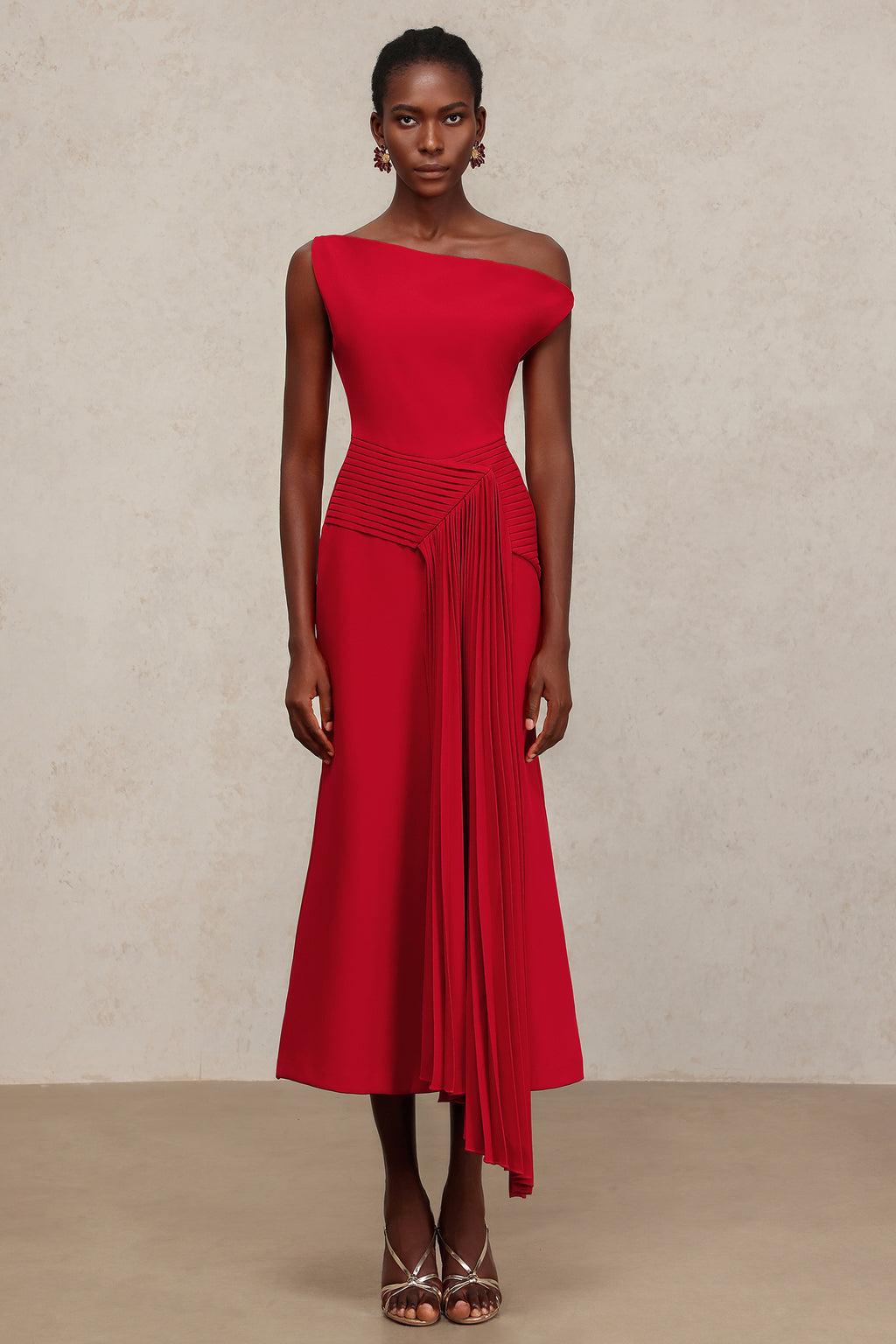 Jillian Oblique Shoulder Sleeveless Folds Midi Dress