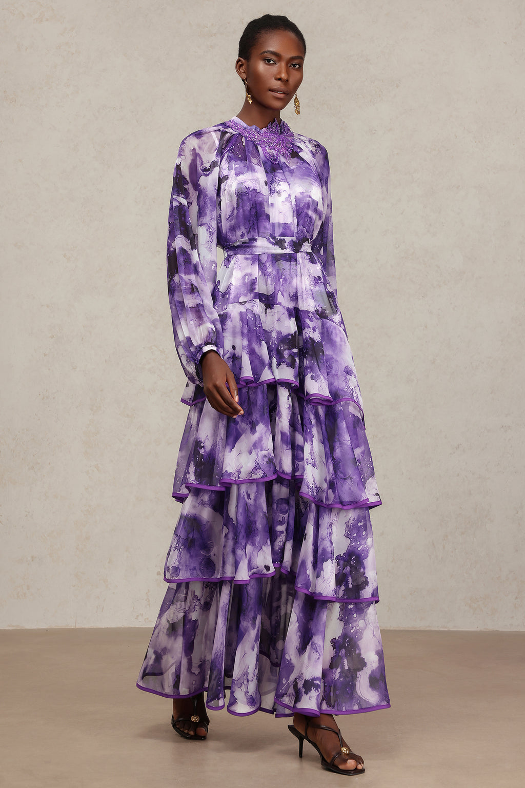 Jolie Round Neck Long Sleeves Floral Printed Folds Maxi Dress