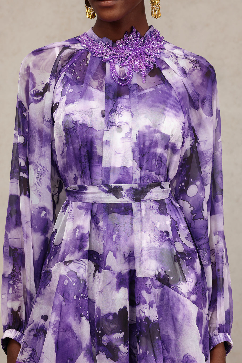 Jolie Round Neck Long Sleeves Floral Printed Folds Maxi Dress