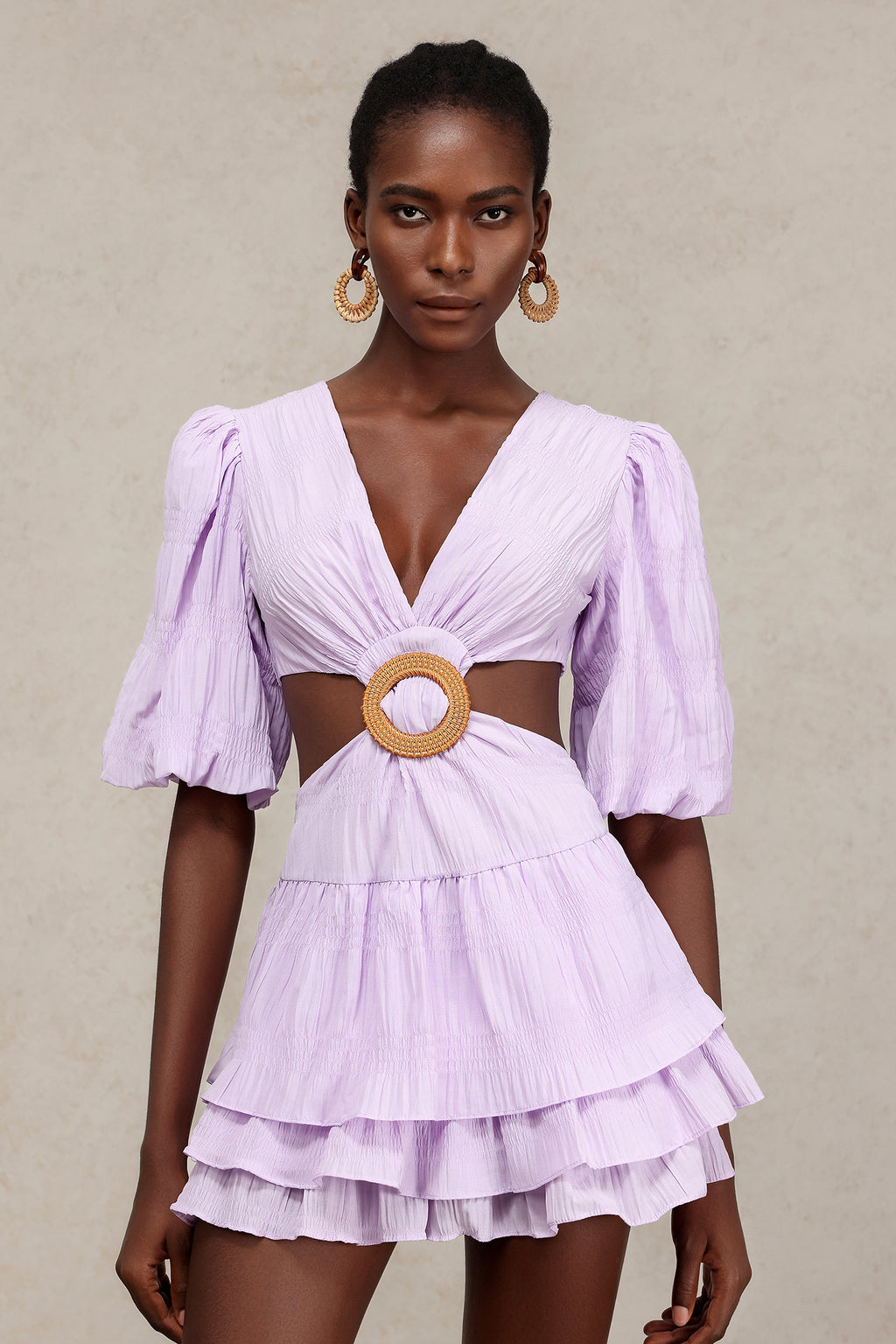 Gabriella V-Neck Puff Sleeves Hollow Out Layered Mini Dress