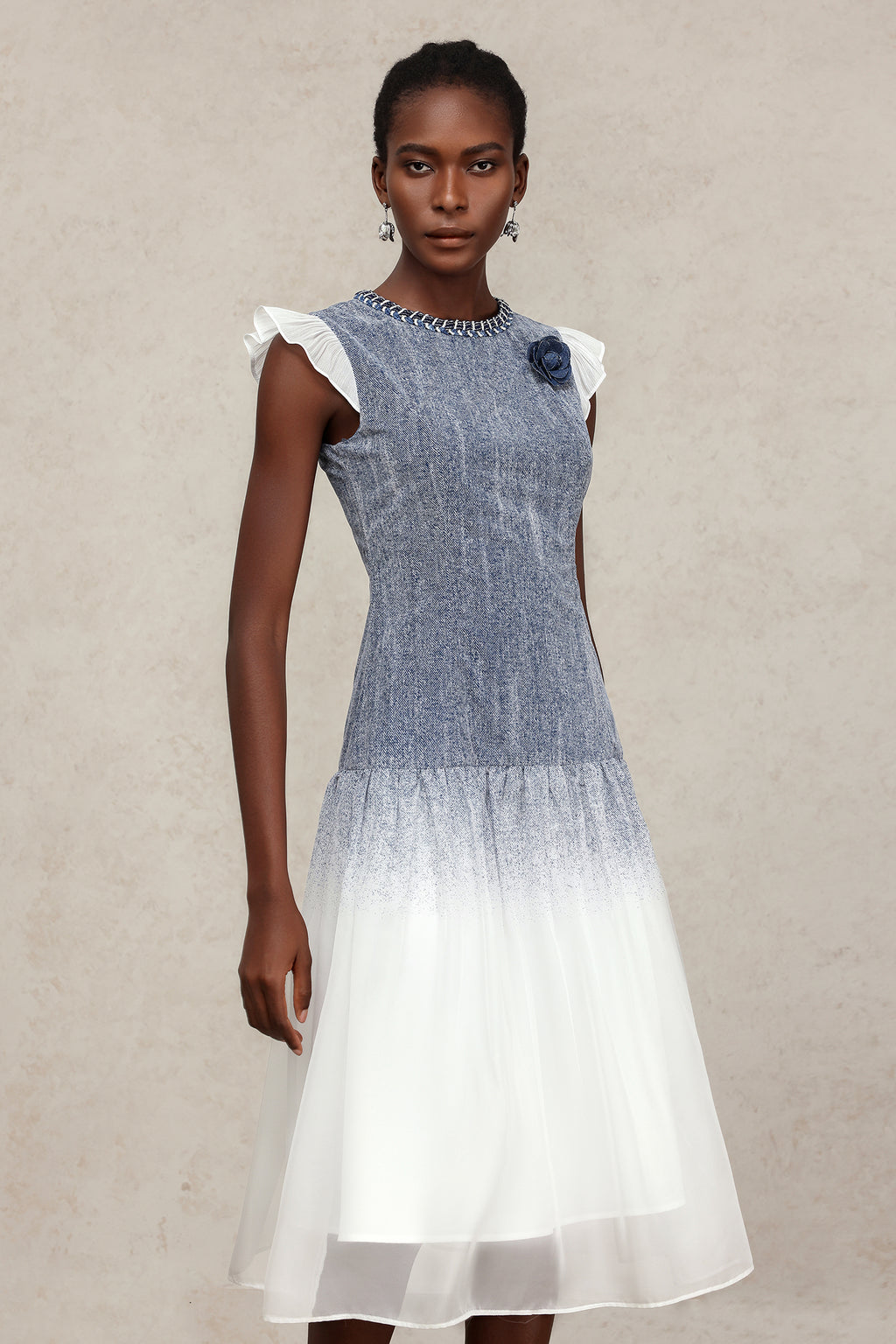 Hunter Round Neck Denim Printed Midi Dress