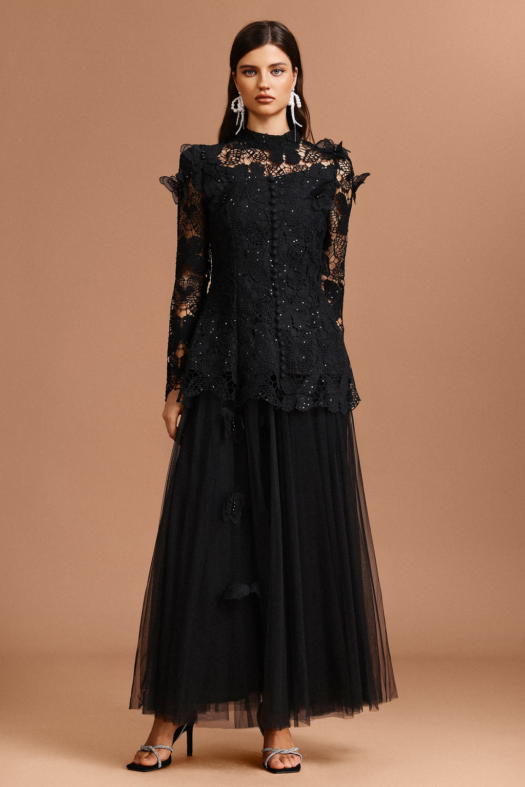 Okama Long Sleeve Folds Lace Butterfly Top And Skirt Two-Piece Set