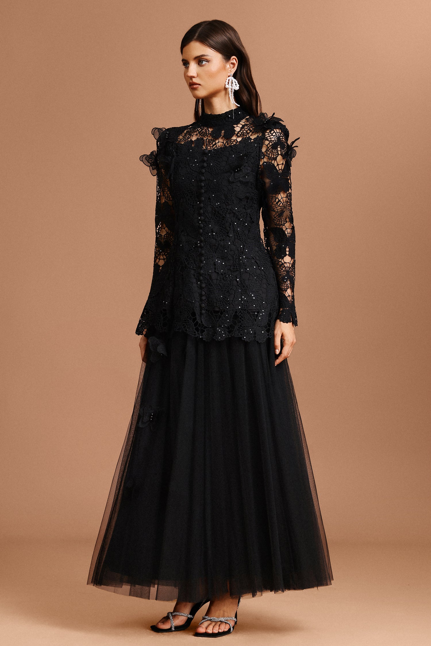 Okama Long Sleeve Folds Lace Butterfly Top And Skirt Two-Piece Set