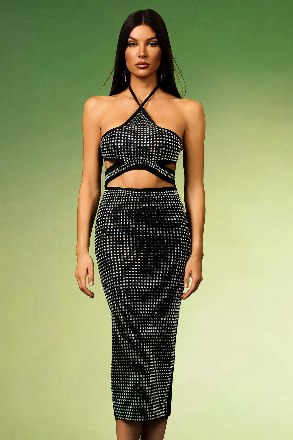 Reyna Halter Diamond Hollow Out Bandage Midi Dress