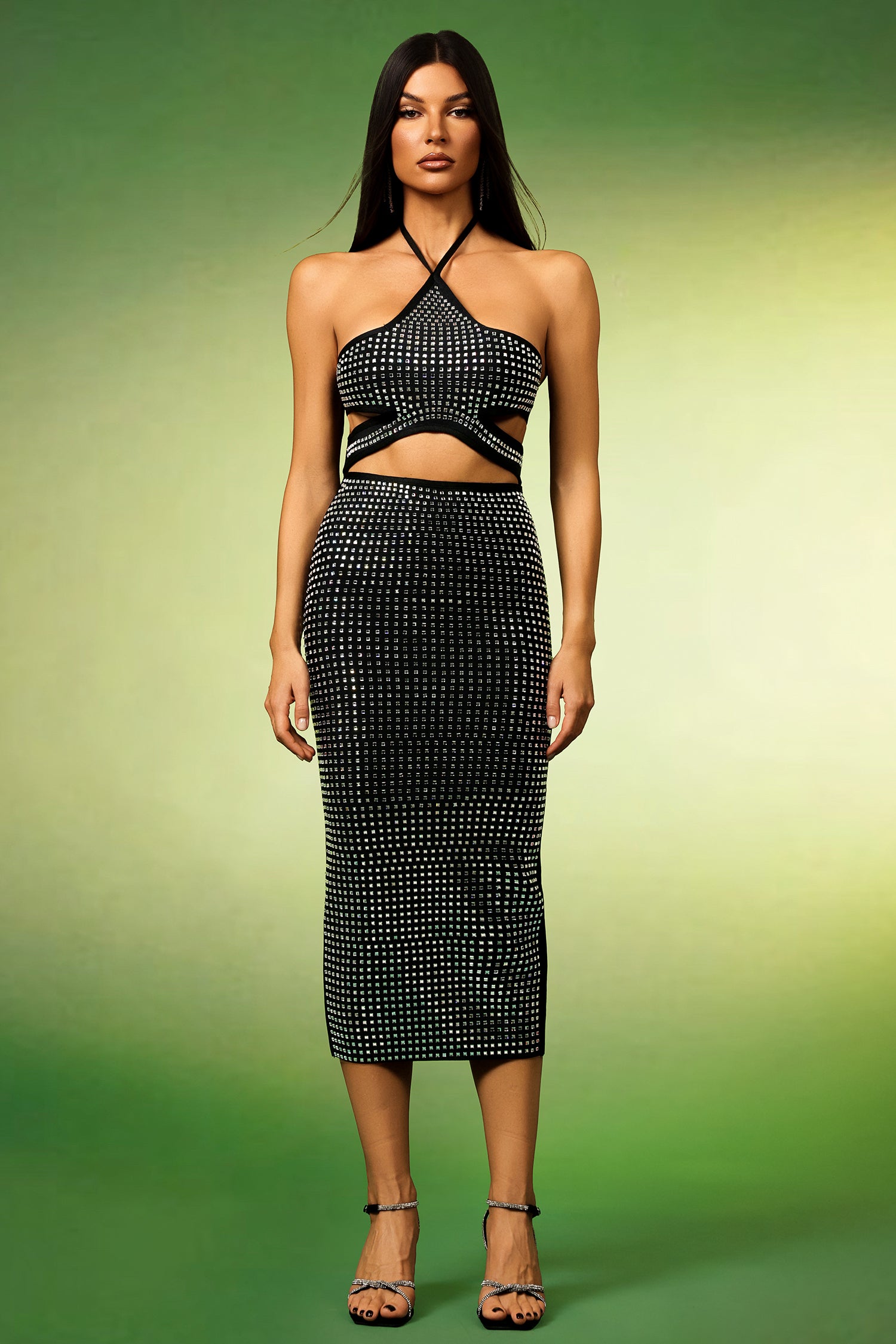 Reyna Halter Diamond Hollow Out Bandage Midi Dress