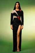 Pillose Long Sleeves Flowers Sequins Slit Maxi Dress