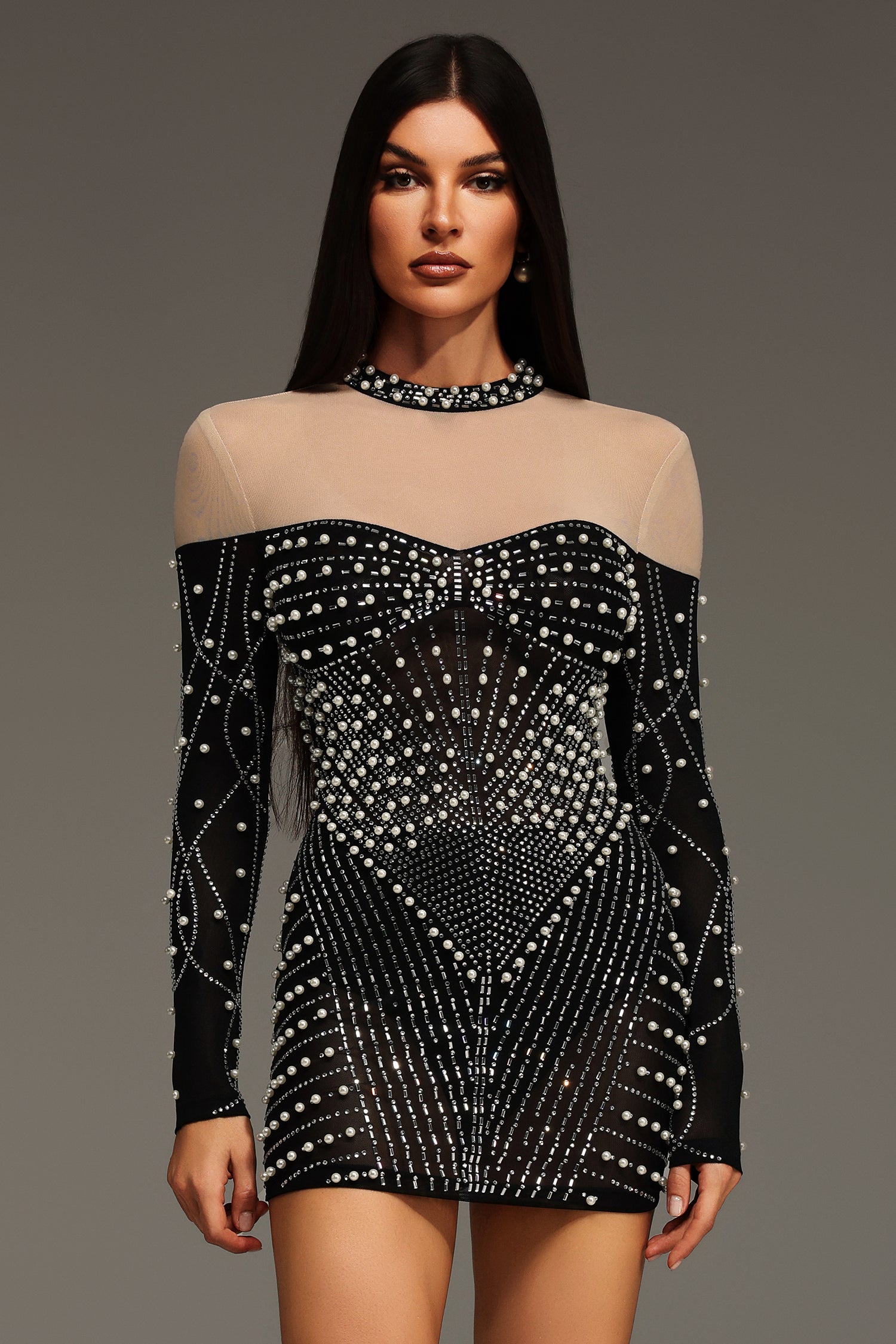 Zavan Long Sleeves Diamond Pearl Mini Dress