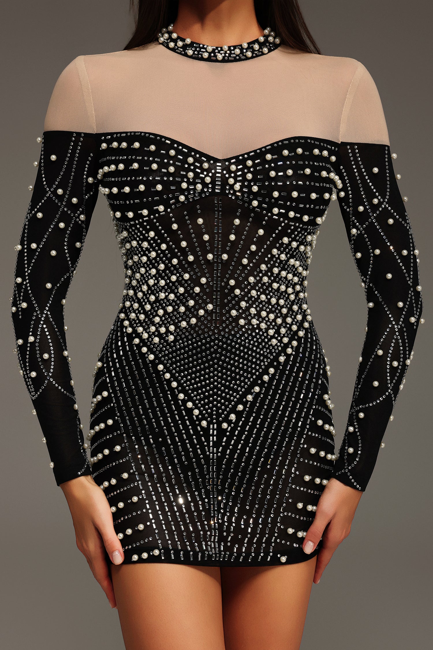 Zavan Long Sleeves Diamond Pearl Mini Dress