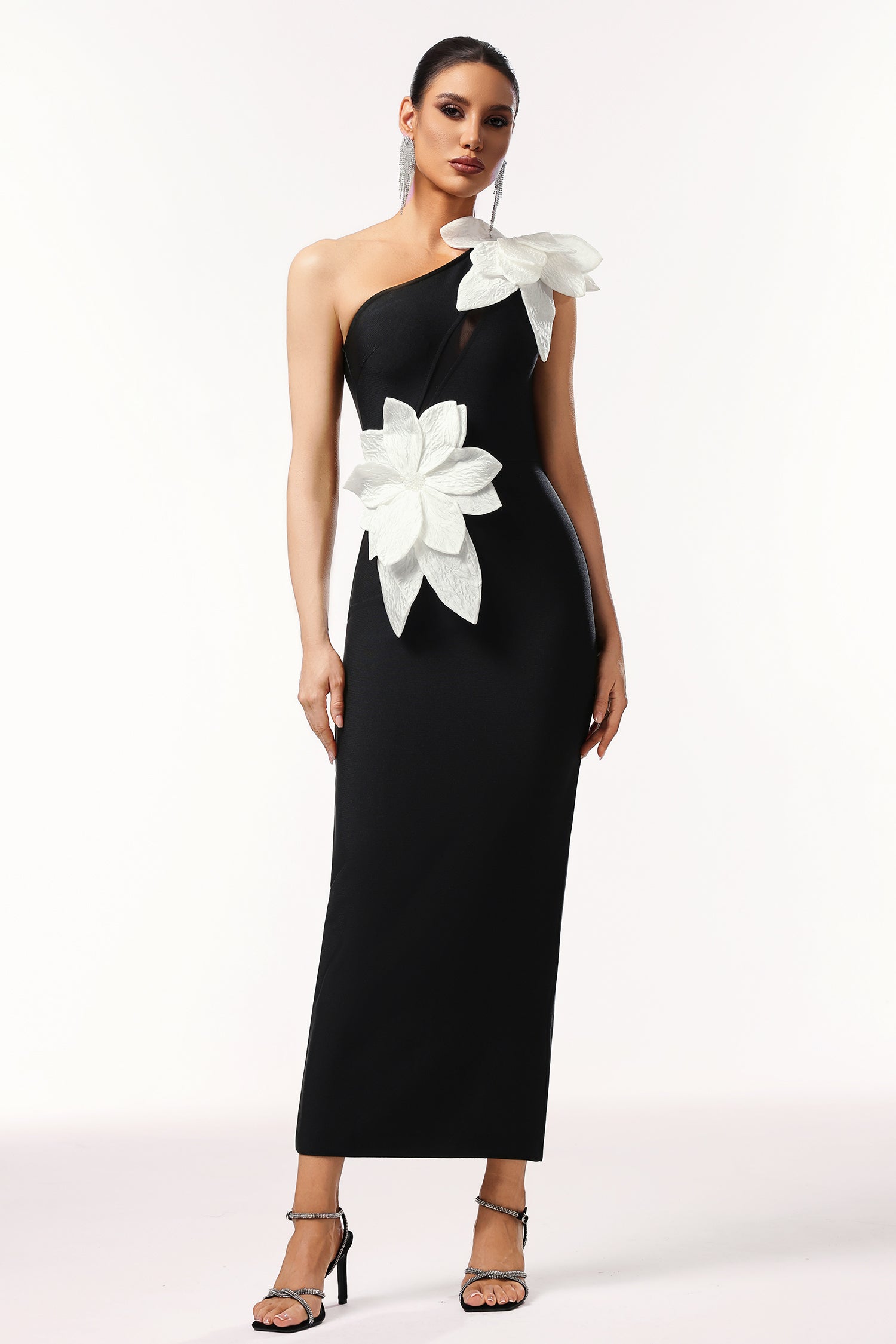 Lala One Shoulder Sleeveless Flower Bandage Maxi Dress