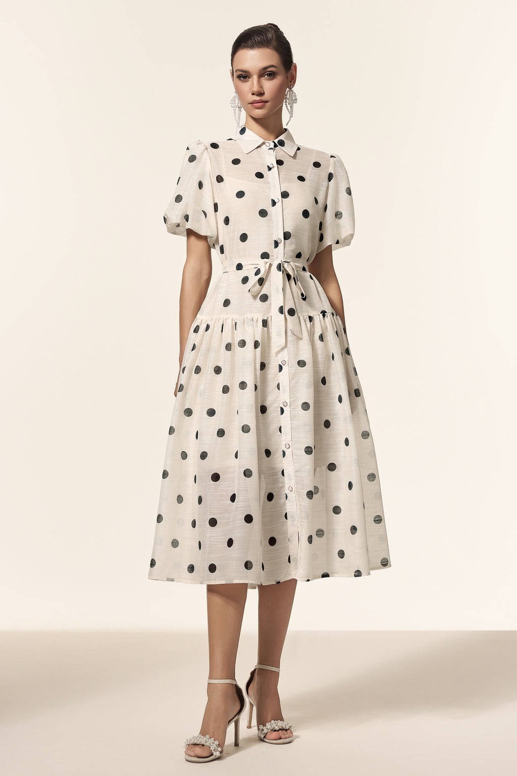 Kiera Lapel Dot Printed Puff Sleeves Midi Dress