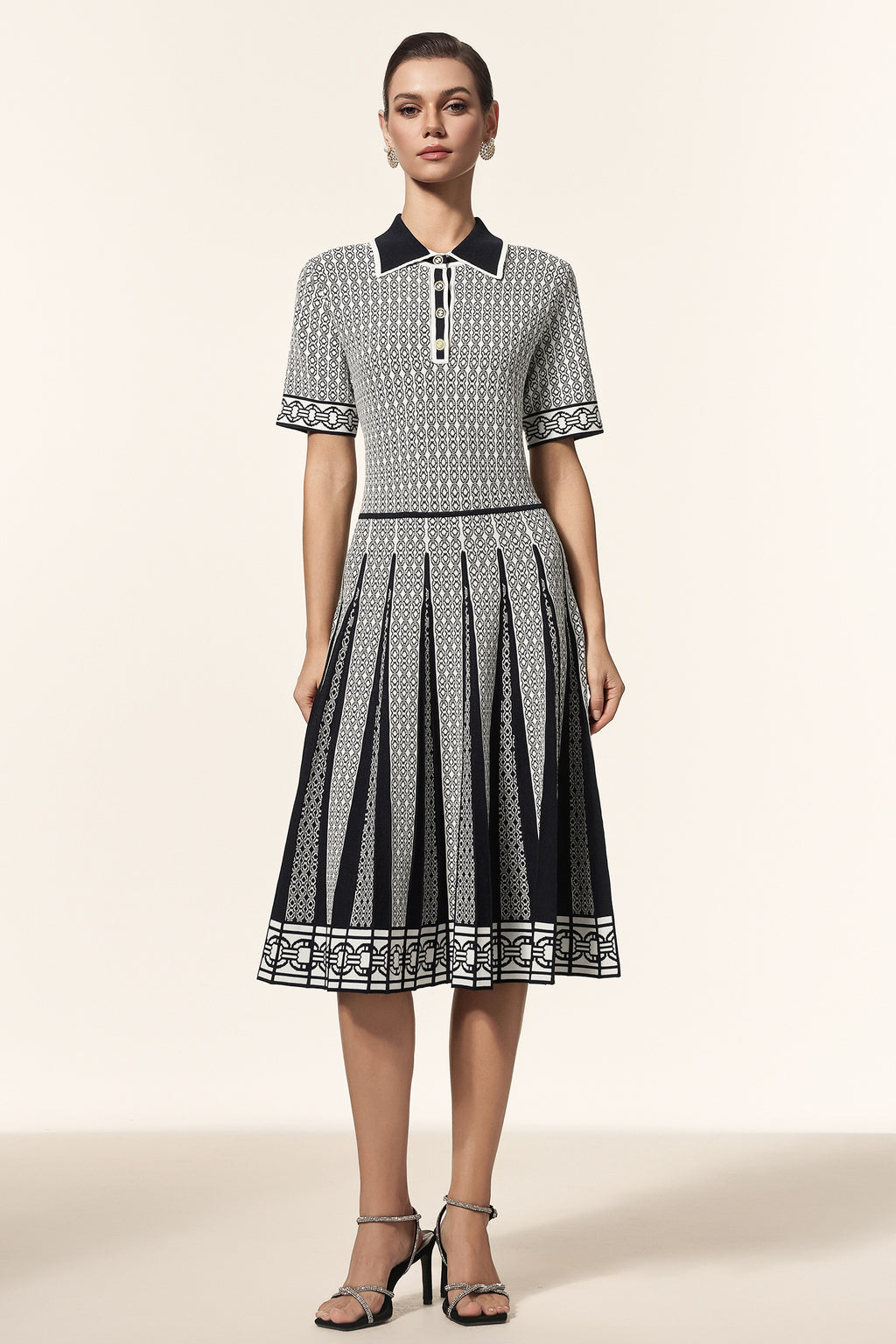 Reye Lapel Short Sleeves Jacquard Folds Mini Dress