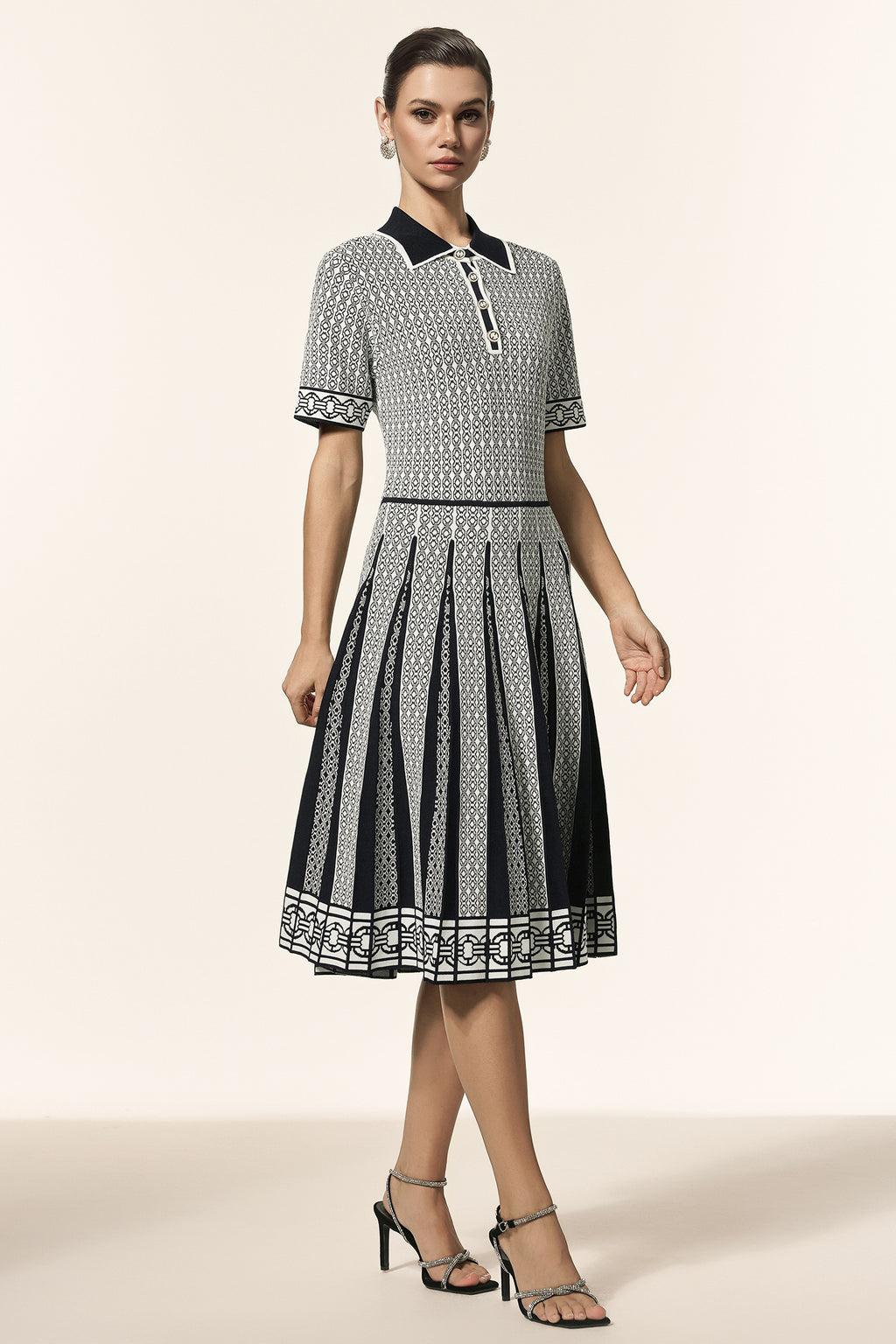 Reye Lapel Short Sleeves Jacquard Folds Mini Dress