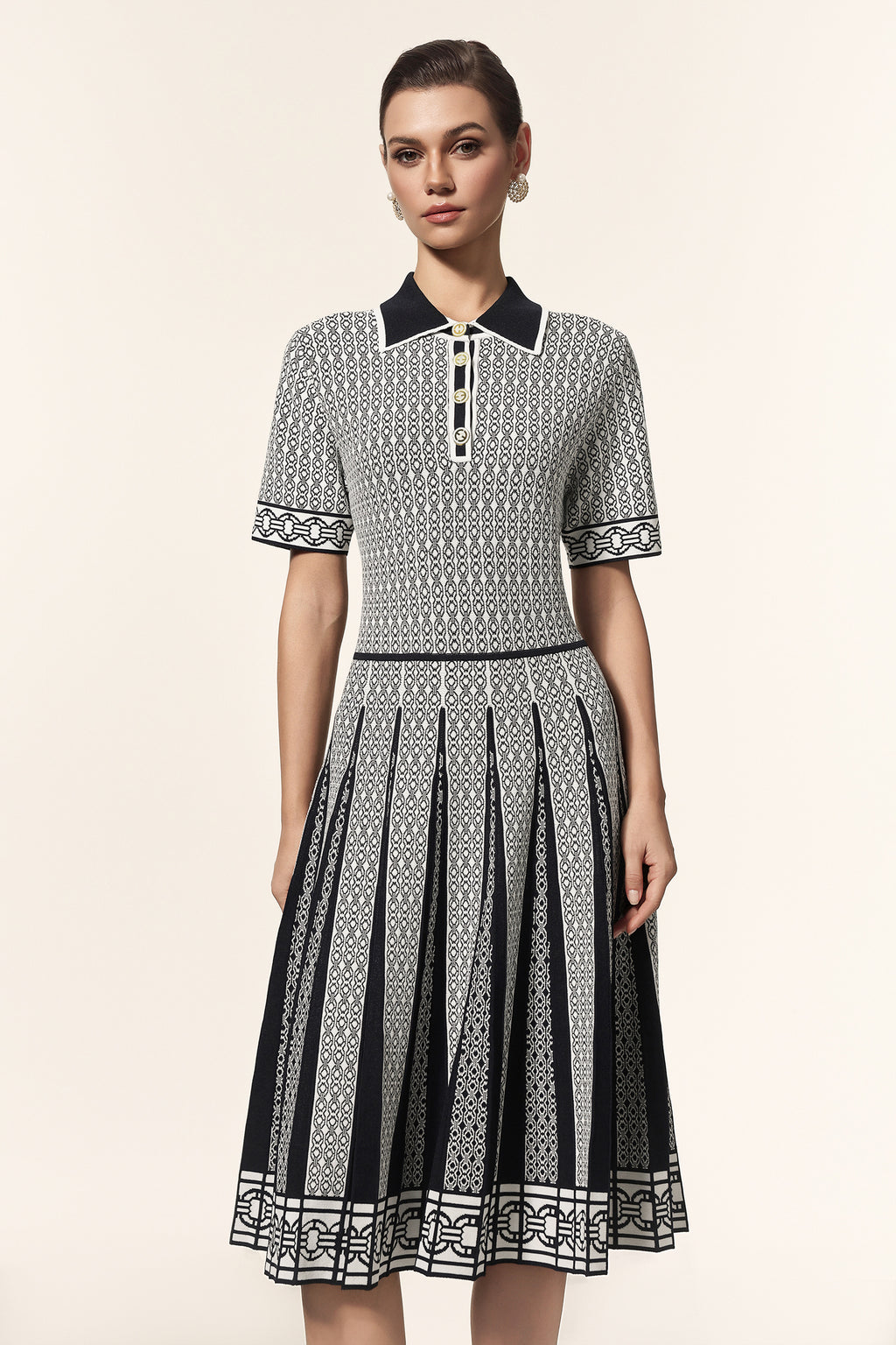 Reye Lapel Short Sleeves Jacquard Folds Mini Dress