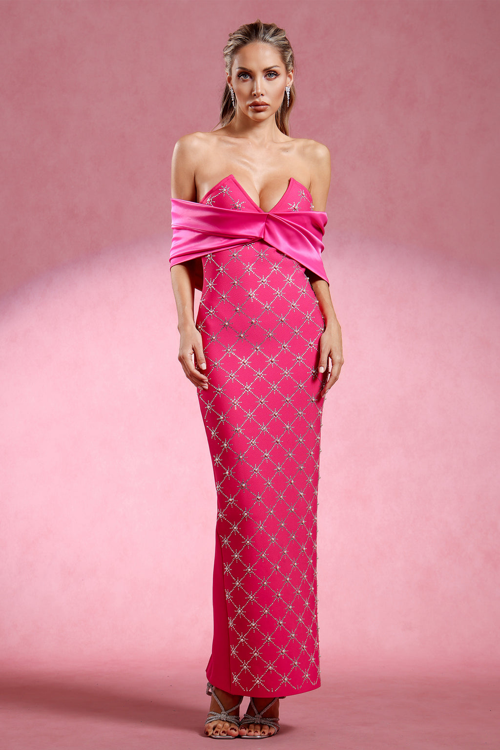 Haliya Off The Shoulder V Neck Diamond Bandage Maxi Dress