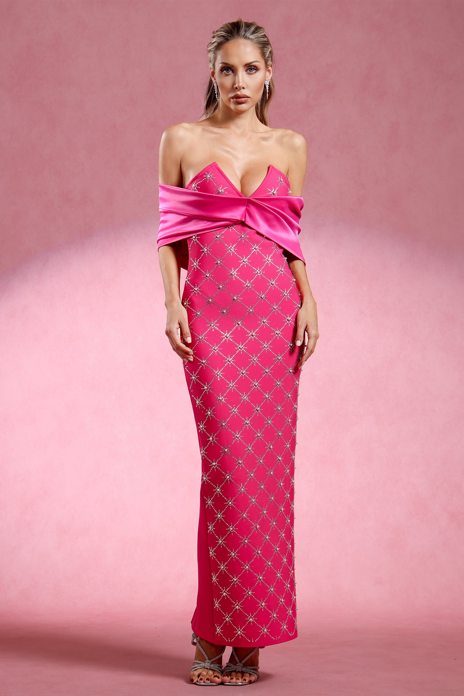 Haliya Off The Shoulder V Neck Diamond Bandage Maxi Dress