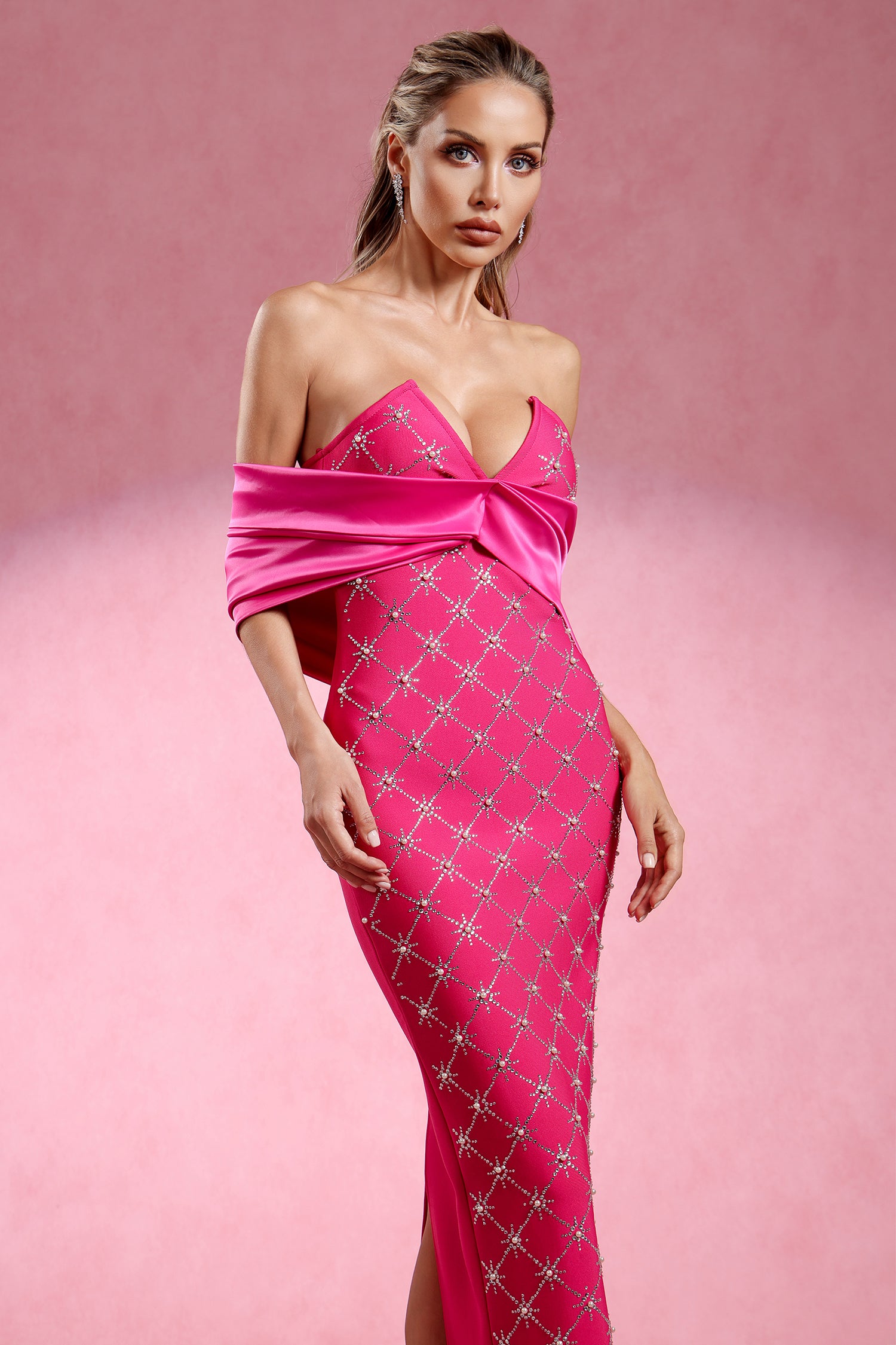 Haliya Off The Shoulder V Neck Diamond Bandage Maxi Dress