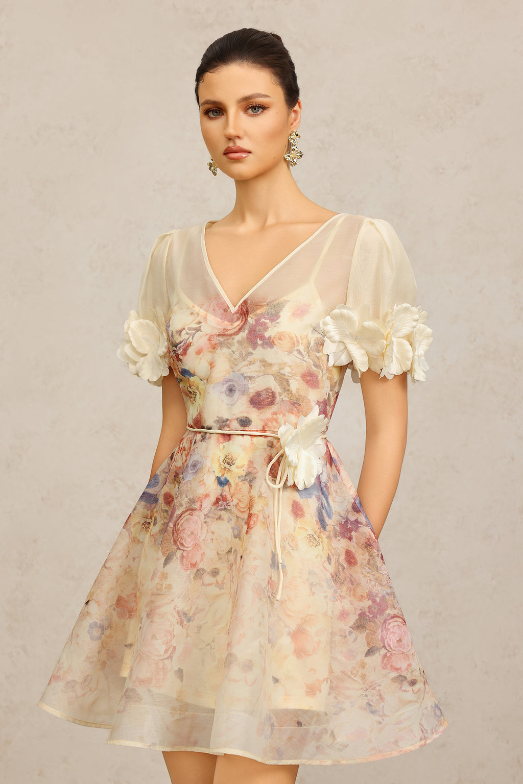 Xezey V-Neck Short Sleeves Flowers Printed Mini Dress