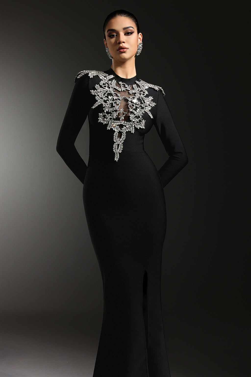 Saloha Long Sleeves Diamond Slit Fish Tail Bandage Maxi Dress