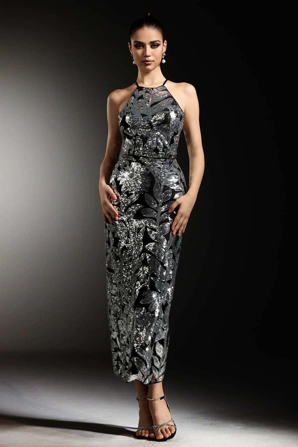 Jilly Halter Sleeveless Sequin Maxi Dress