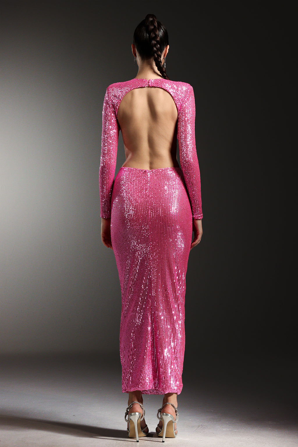 Kusa Long Sleeves Hollow Out Flower Sequin Maxi Dress